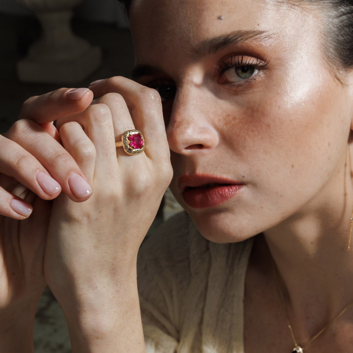 Mystic cushion &amp; diamonds Ring - Pink Tourmaline