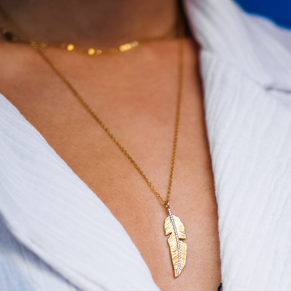 Long Gold &amp; Diamonds feather necklace - Danielle Gerber Freedom Jewelry
