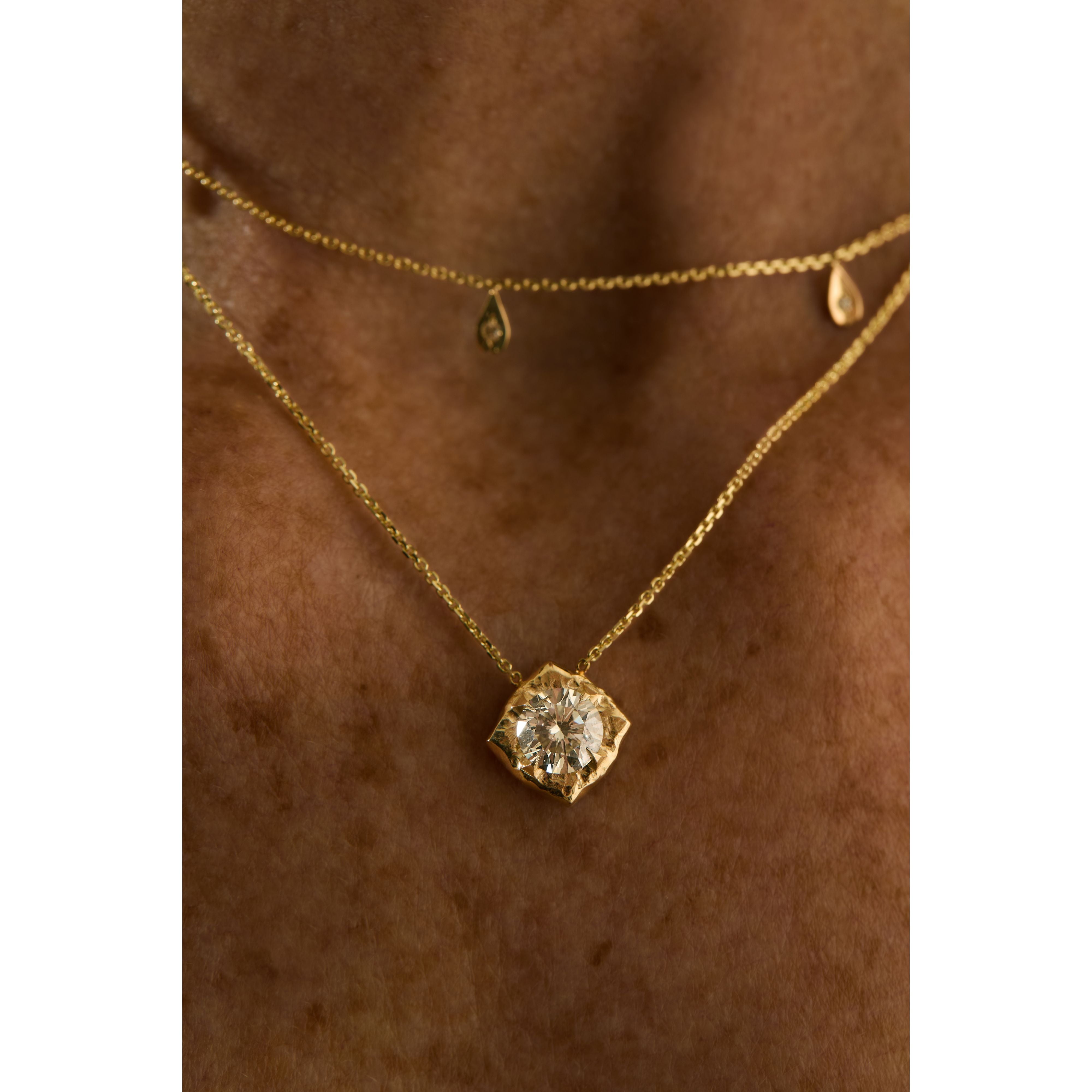 One-of-a-Kind Fancy Light Yellow Chameleon Diamond Necklace with Cushion Frame in 14K Gold