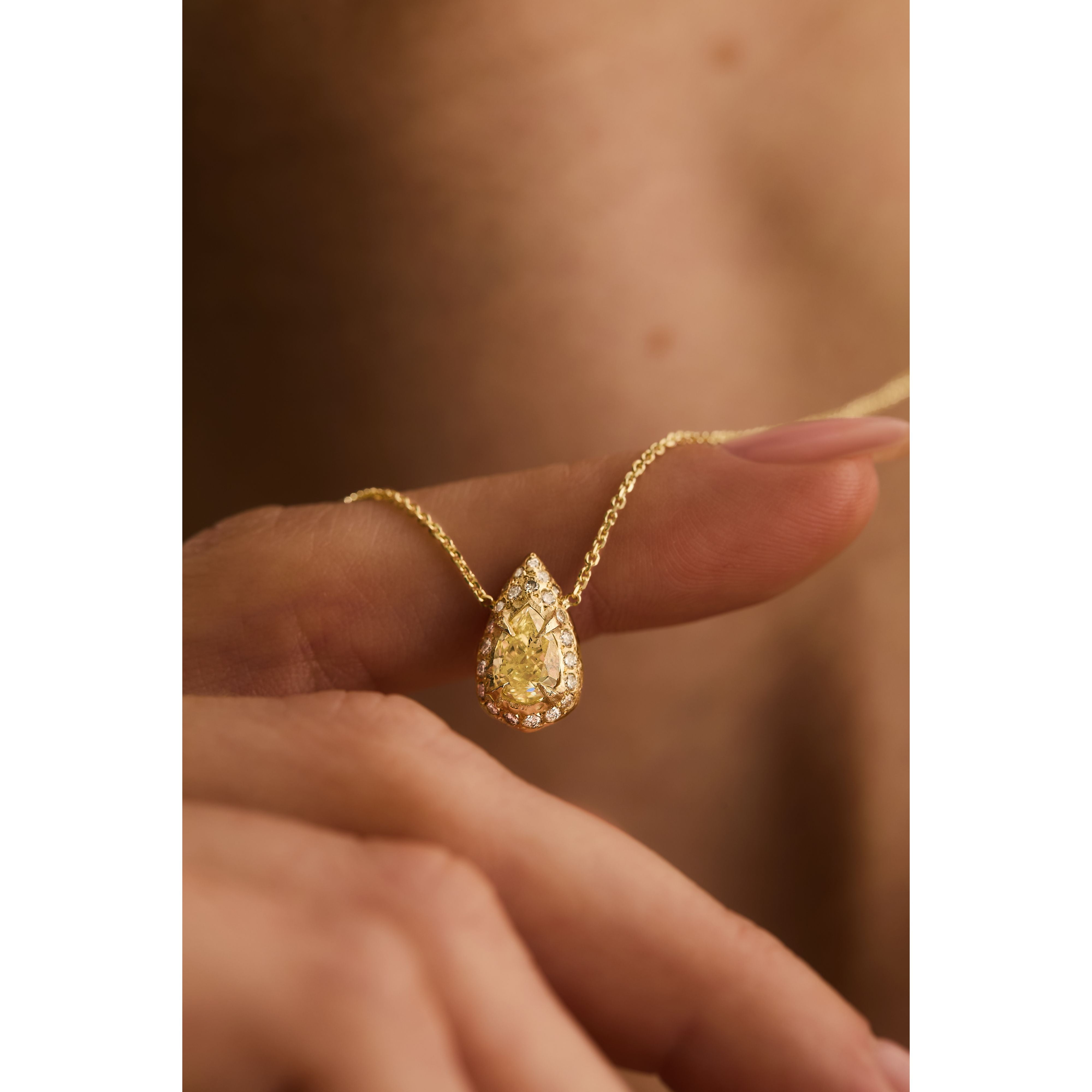 One-of-a-Kind Fancy Yellow Diamond Halo Necklace 1.01 ct in 14K Gold