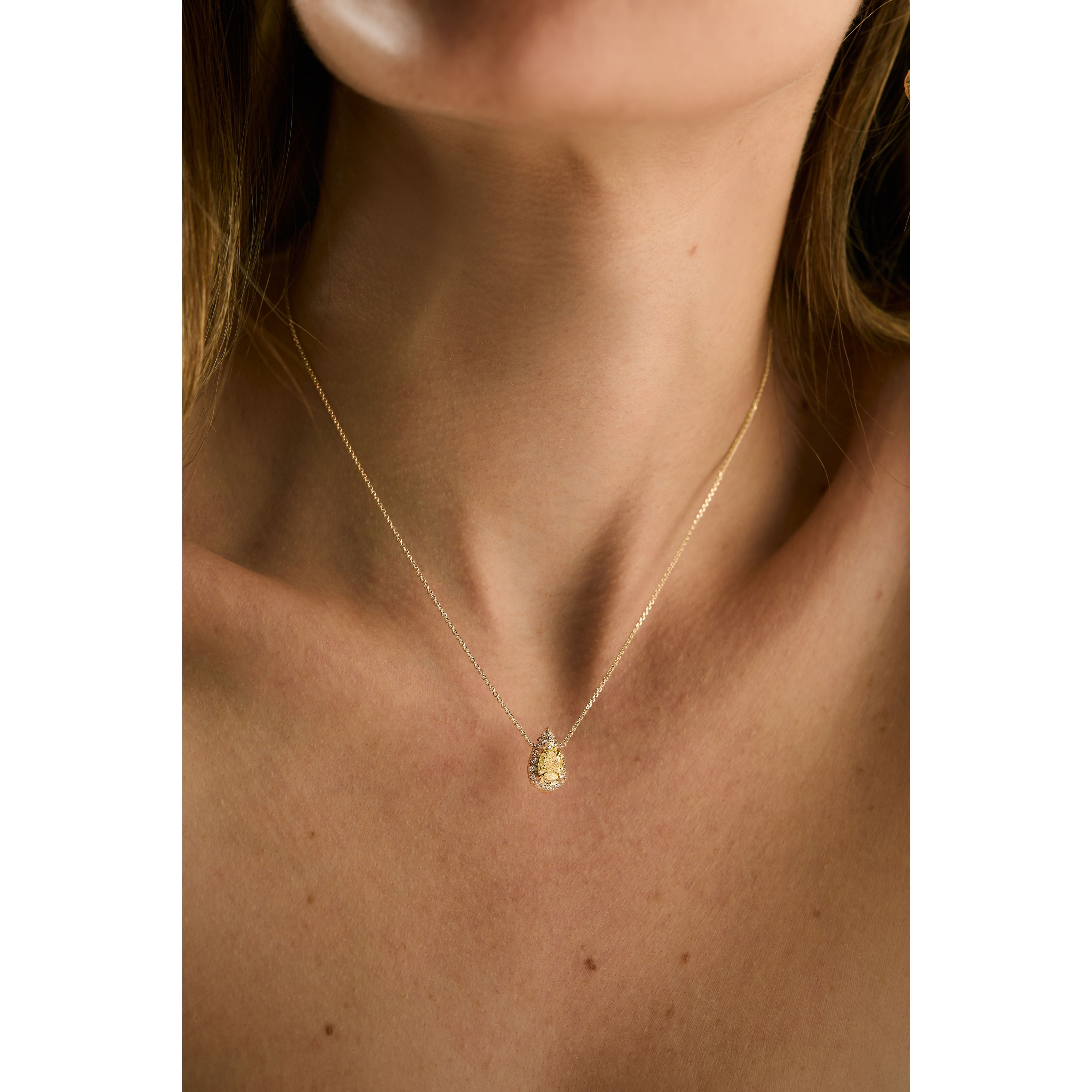 One-of-a-Kind Fancy Yellow Diamond Halo Necklace 1.01 ct in 14K Gold