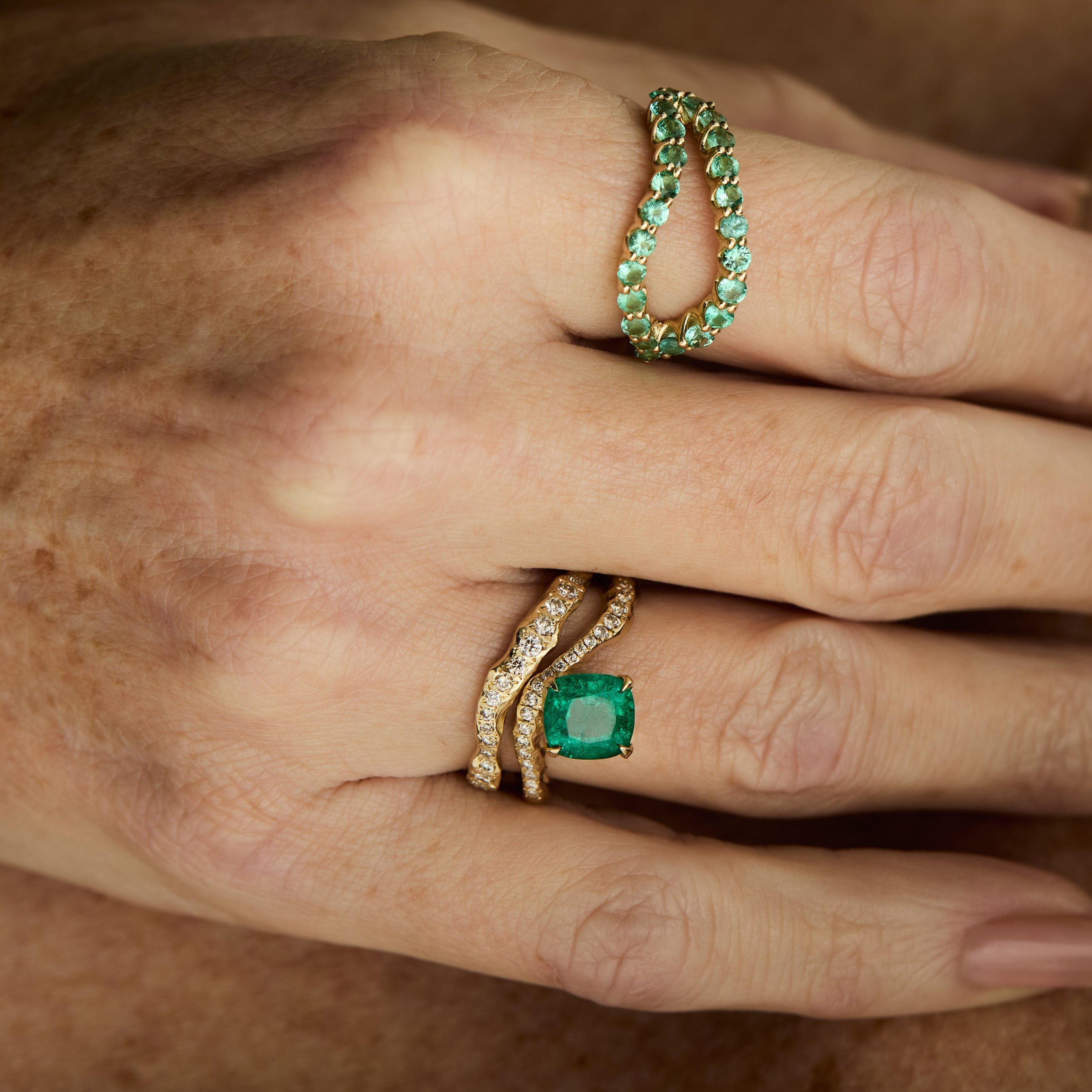 Cushion-Cut Emerald Wave Ring with Diamond Pavé