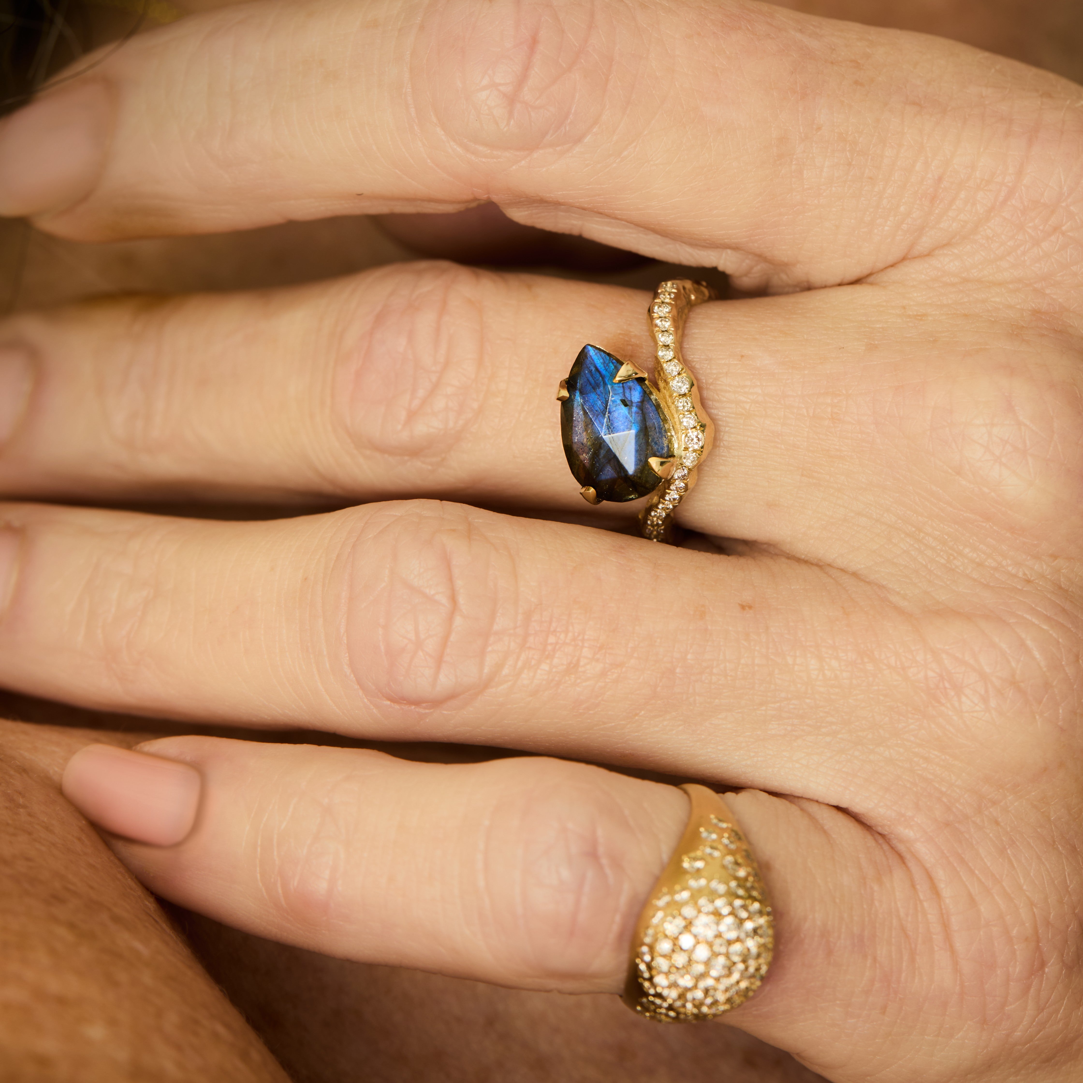 Pear Labradorite Diamond Ring in 14K Gold | Organic Sculptural