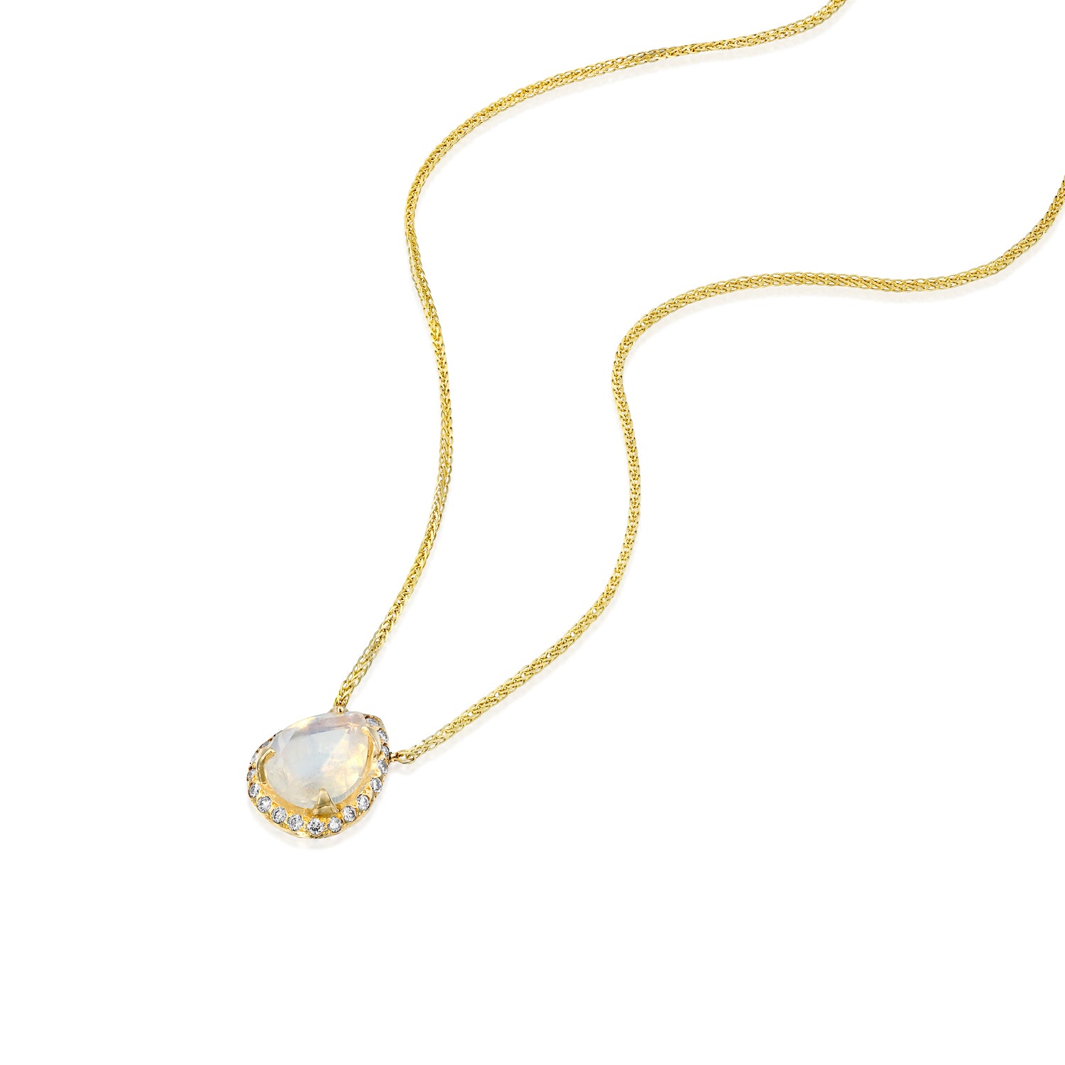 necklace with moonstone and pave diamonds in 14k gold