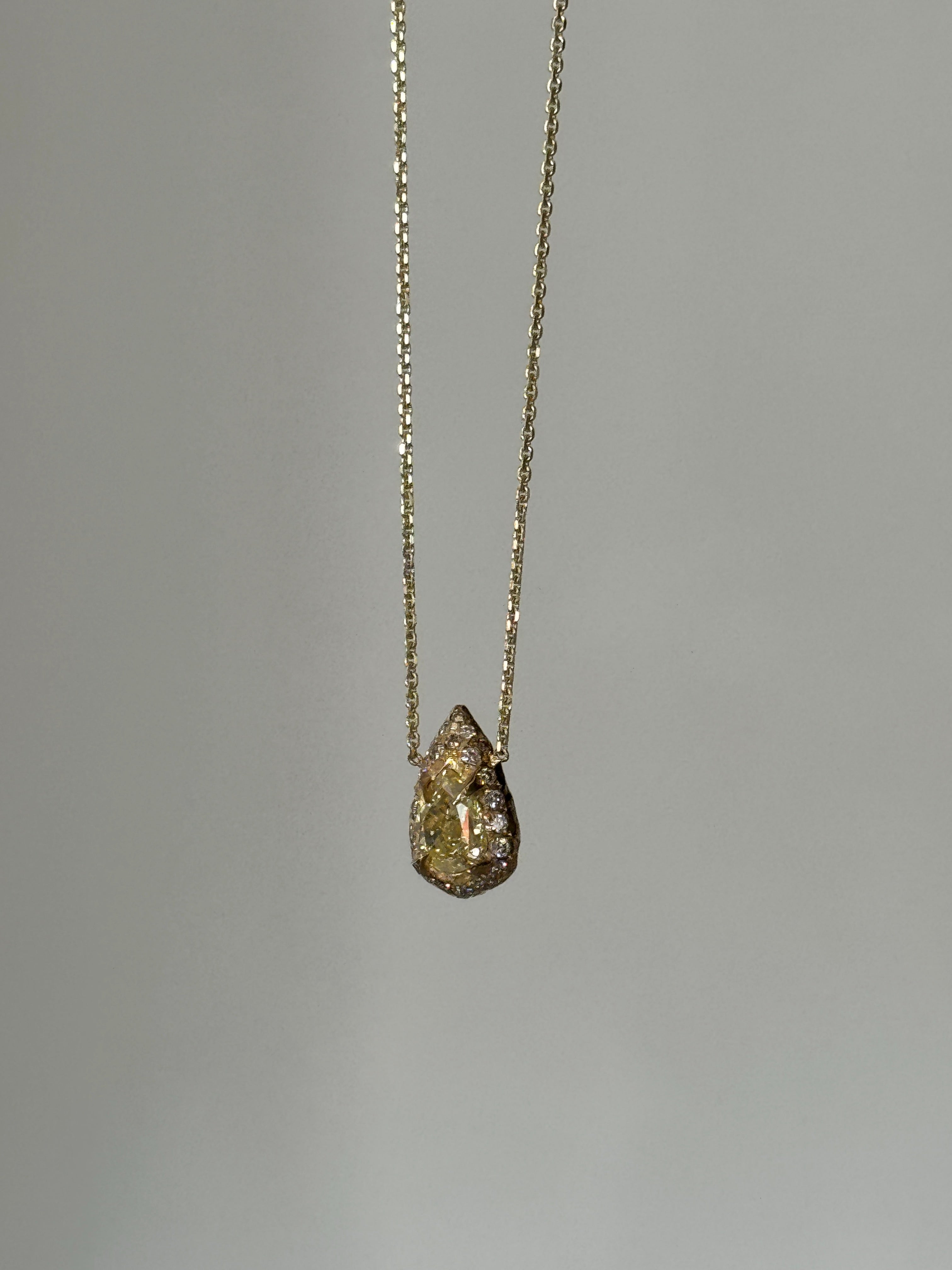 One-of-a-Kind Fancy Yellow Diamond Halo Necklace 1.01 ct in 14K Gold