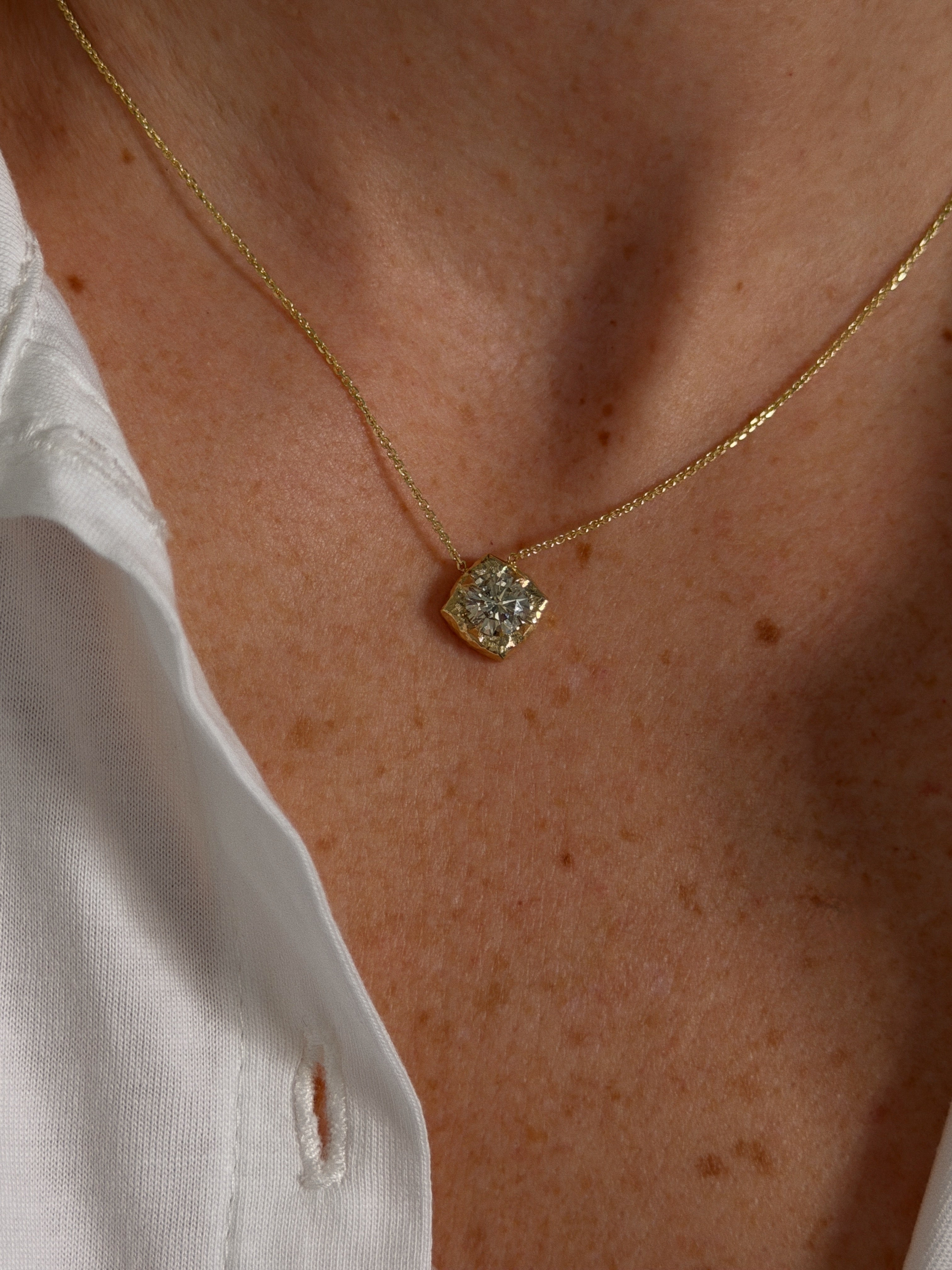 One-of-a-Kind Fancy Light Yellow Chameleon Diamond Necklace with Cushion Frame in 14K Gold