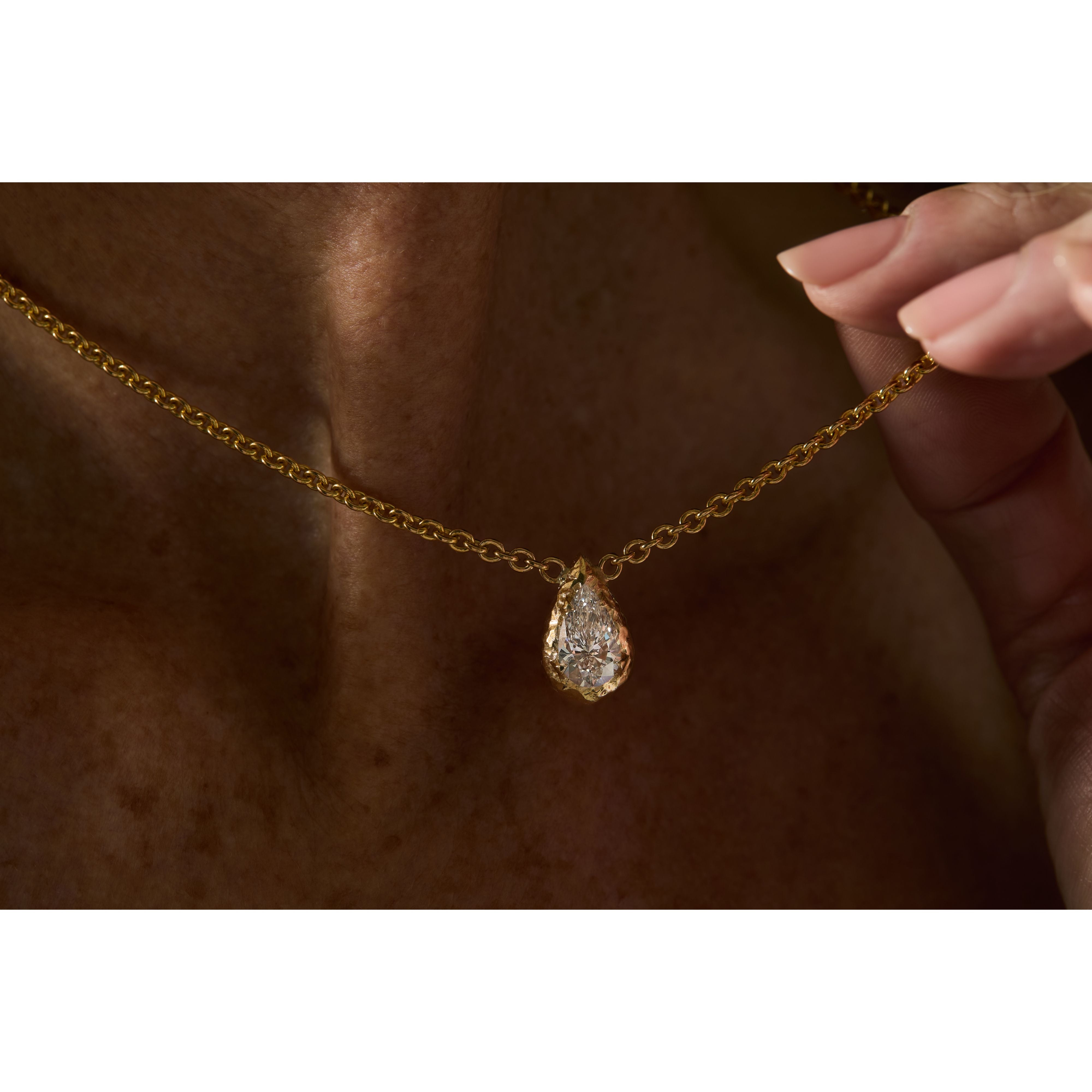 Pear-cut Diamond Pendant Necklace in 14K Gold with Organic Gold Frame