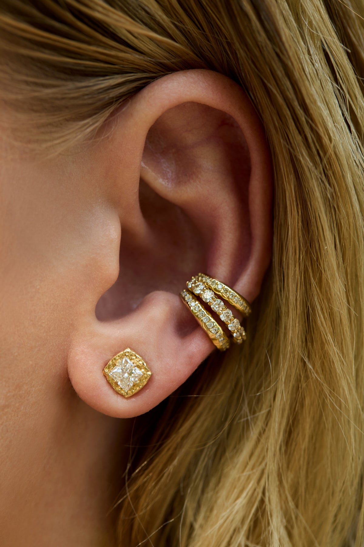 Princess diamond stud earring with hand-carved organic texture and ear cuffs