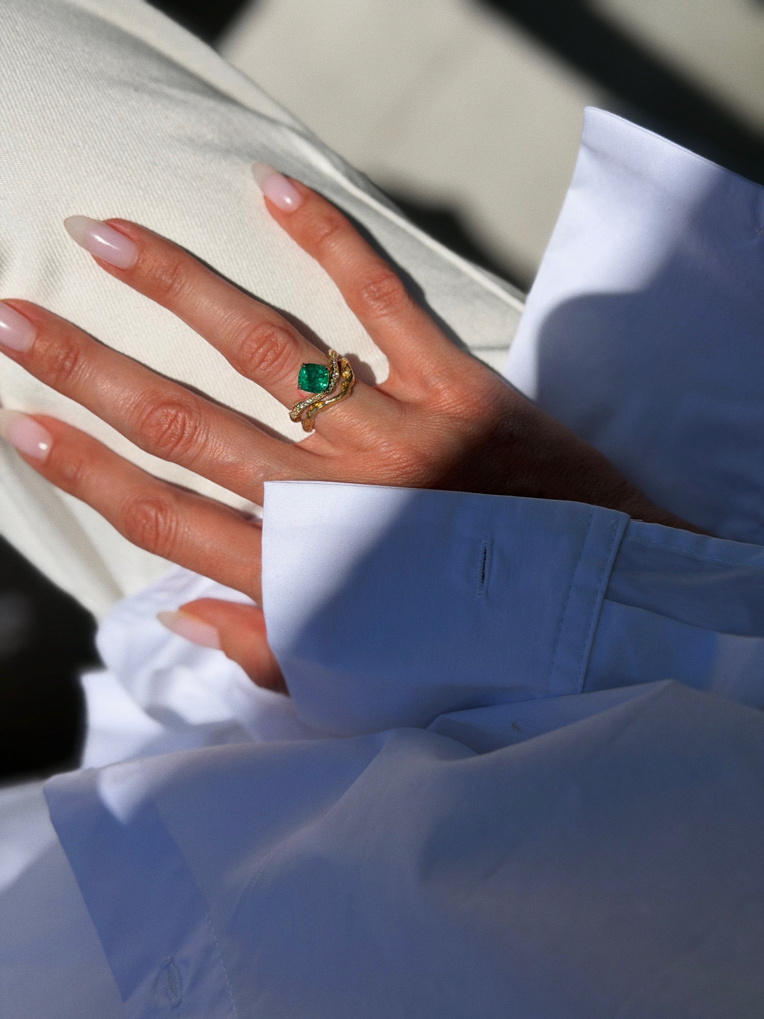 Cushion-Cut Emerald Ring with Diamond Pavé and Sculptural Organic Band in 14K Gold
