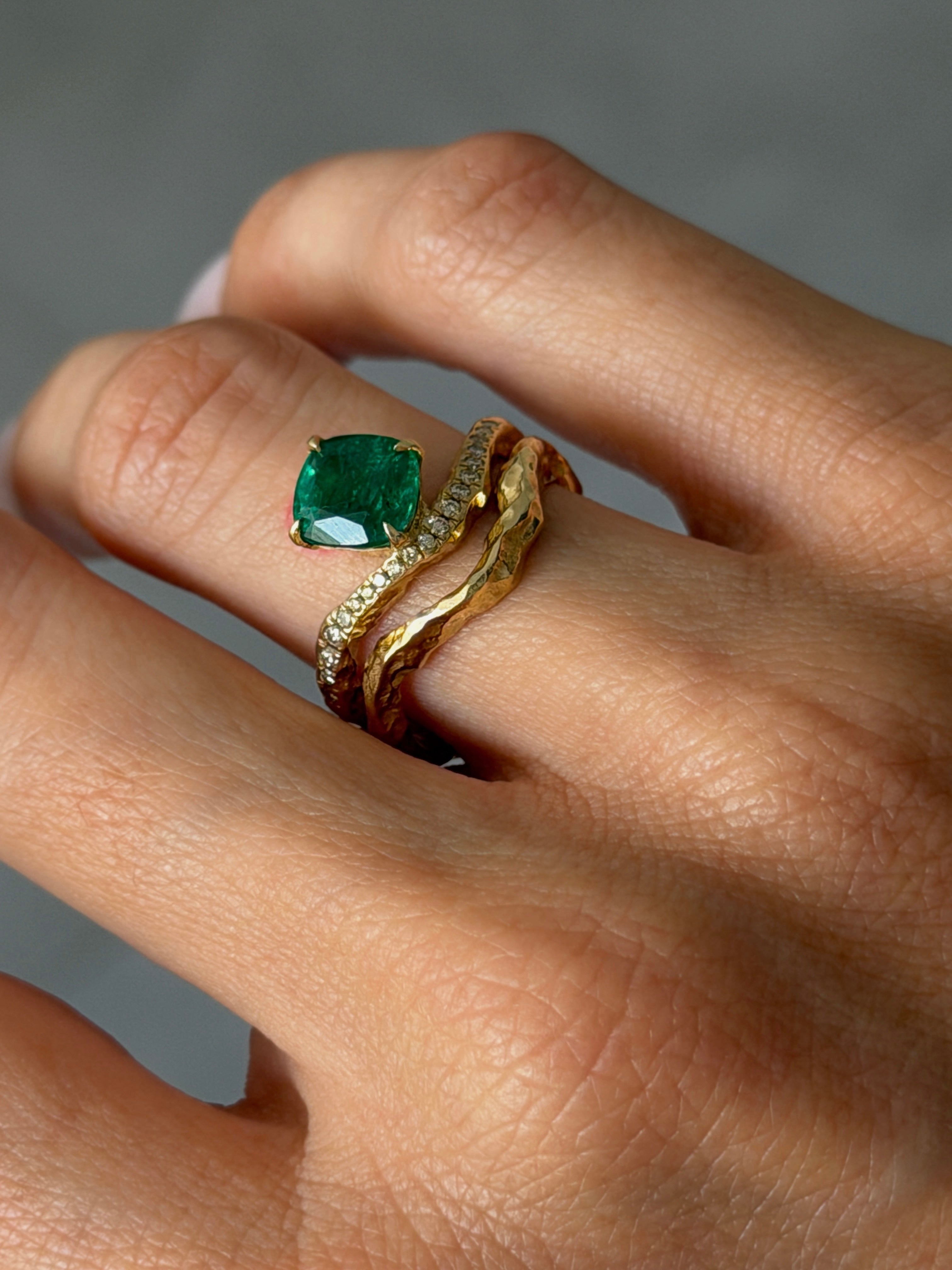 Cushion-Cut Emerald Ring with Diamond Pavé and Sculptural Organic Band in 14K Gold