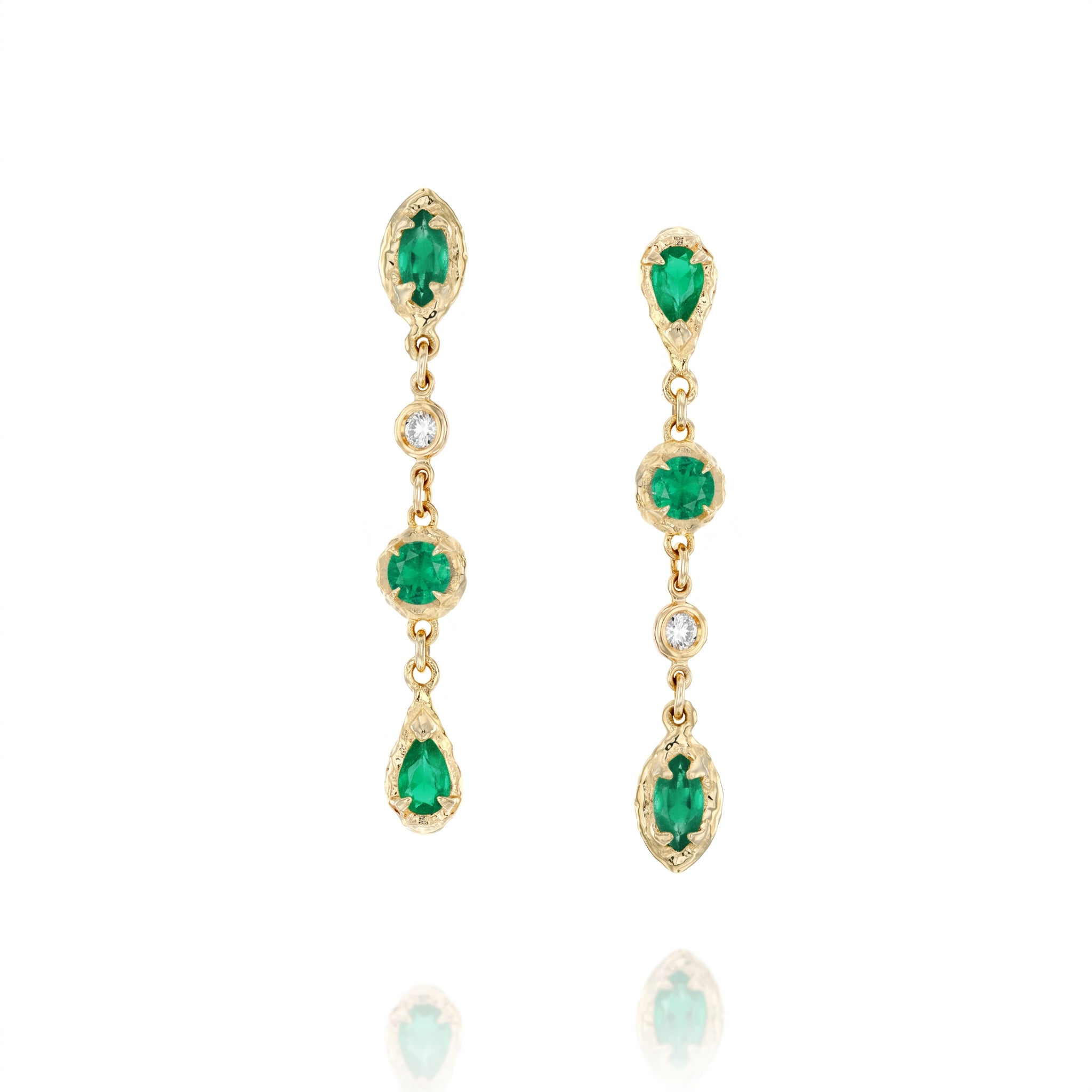 Multi-cut natural emerald drop earrings in 14K gold with pear, round, marquise, and oval emeralds