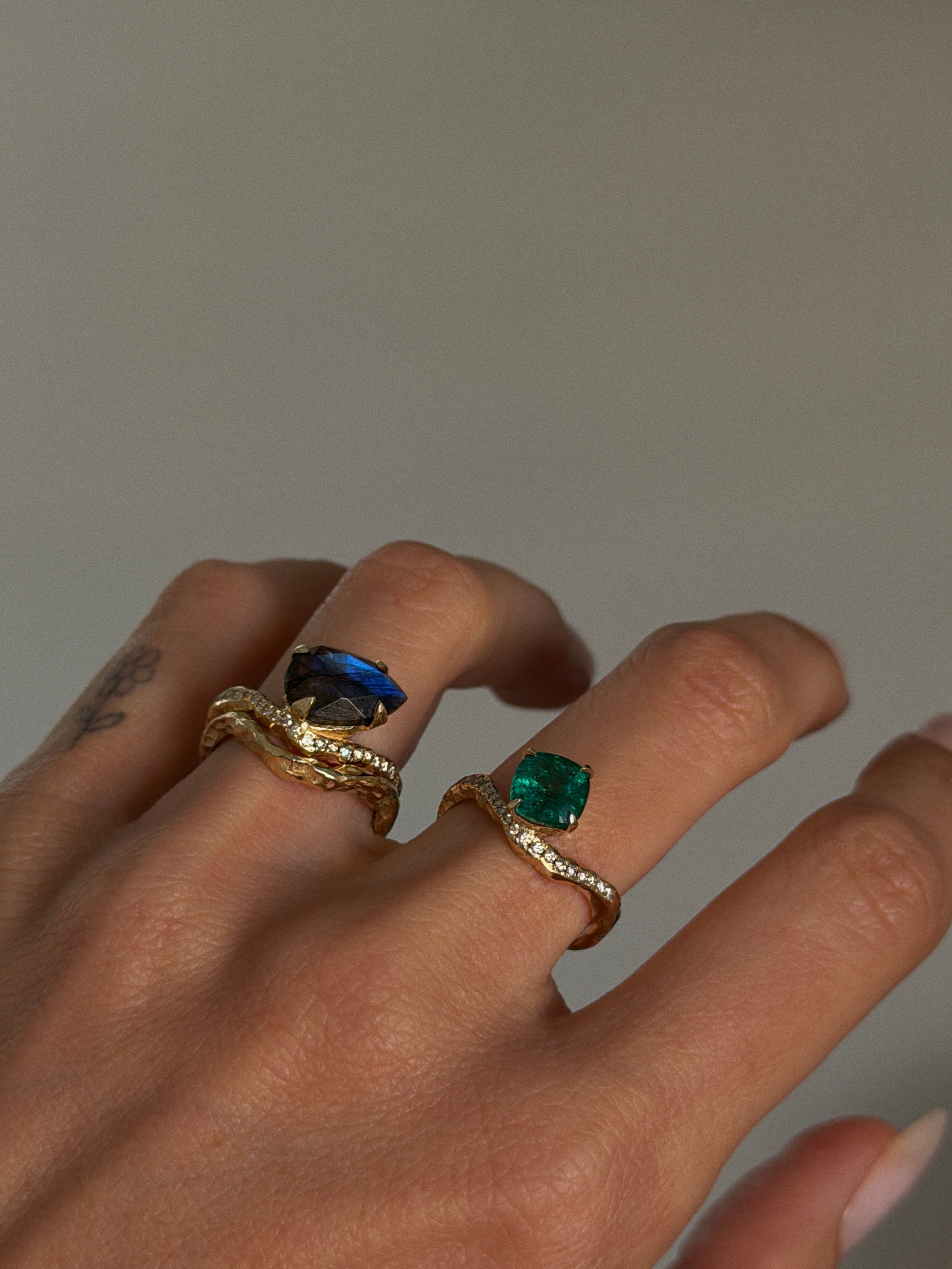 Cushion-Cut Emerald Ring with Diamond Pavé and Sculptural Organic Band in 14K Gold
