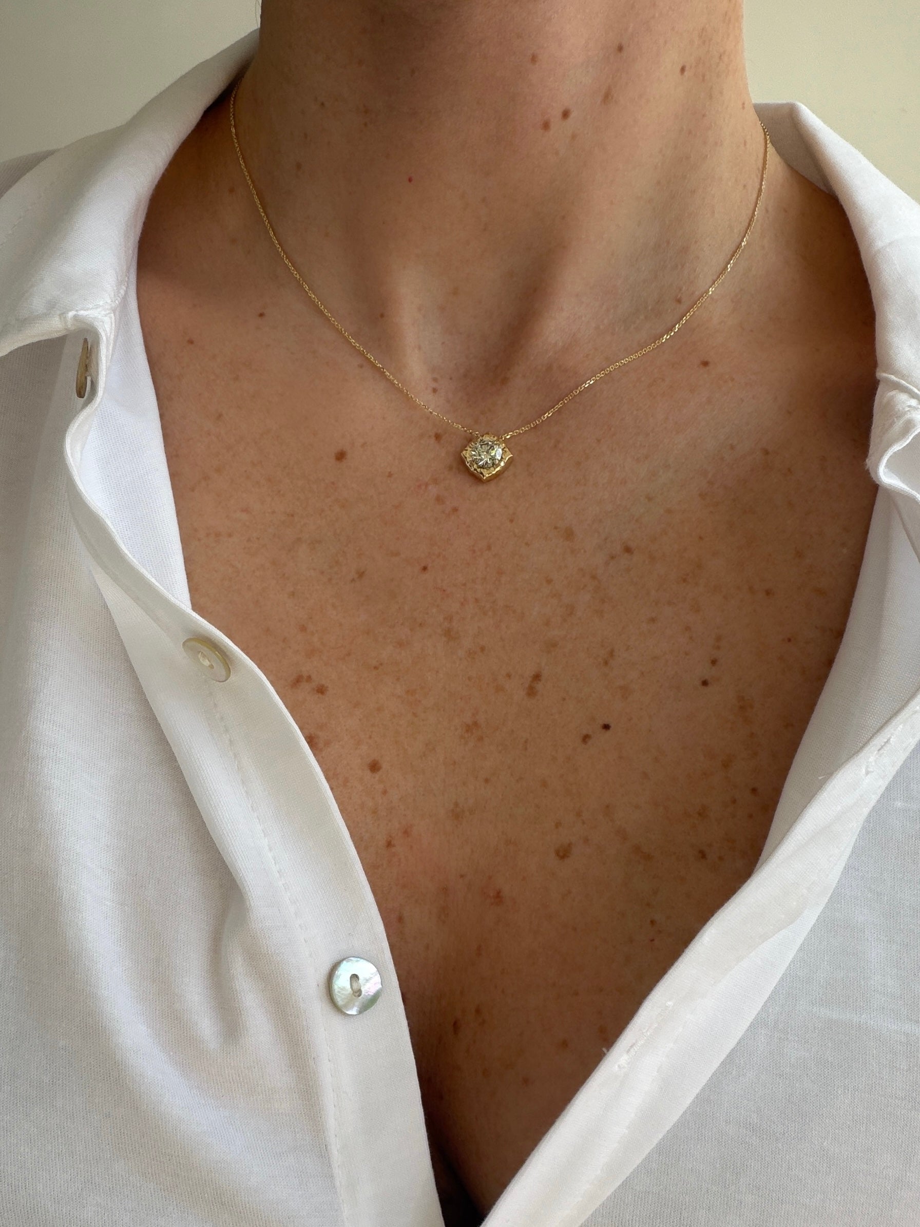 One-of-a-Kind Fancy Light Yellow Chameleon Diamond Necklace with Cushion Frame in 14K Gold
