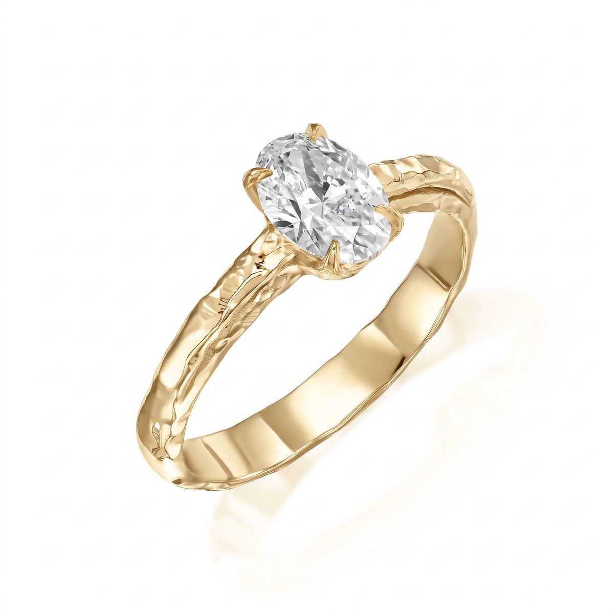 Angled view of 1 ct natural oval-cut diamond solitaire engagement ring with textured 14K yellow gold band.