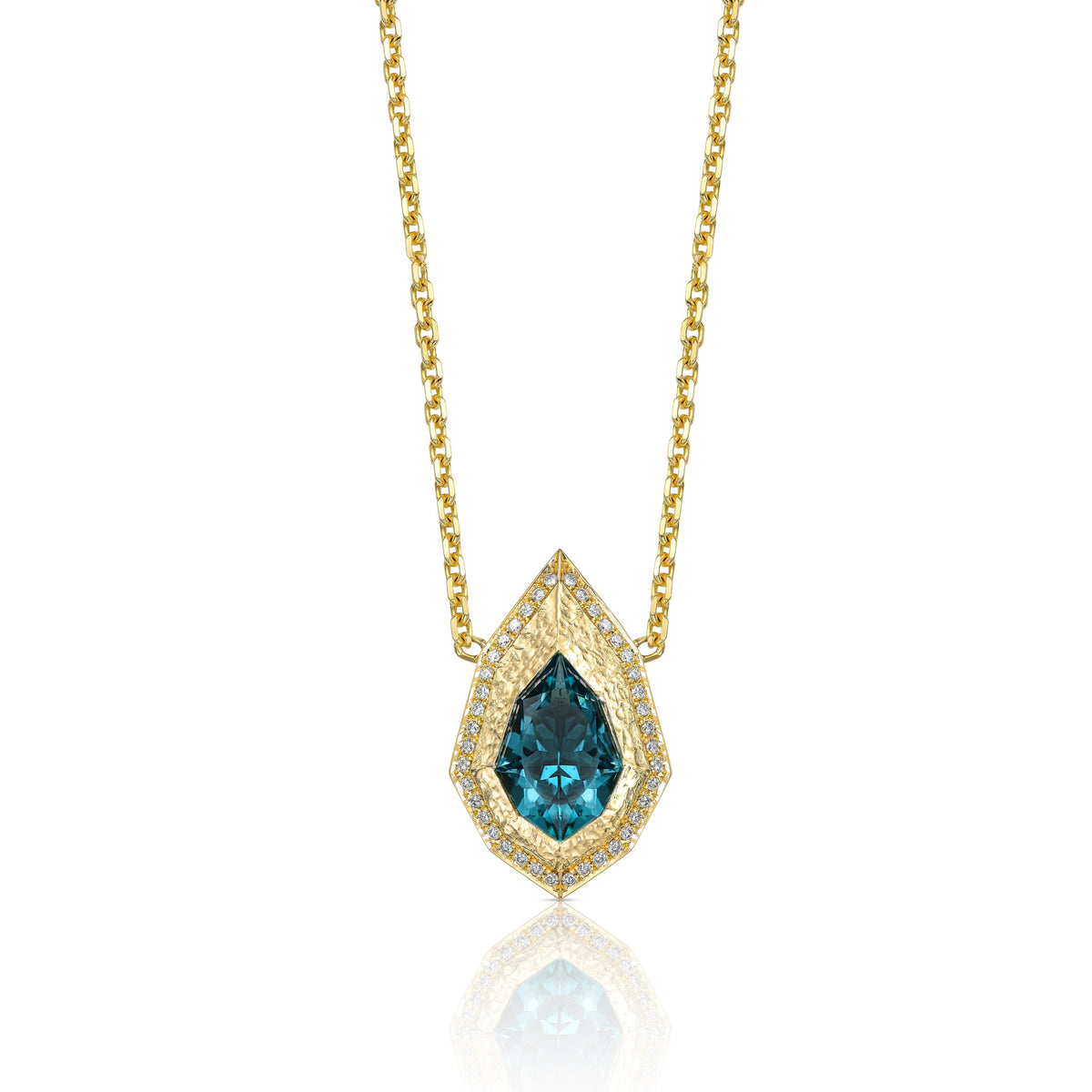Pear-cut lagoon tourmaline necklace with natural diamond details and hand-carved 14K yellow gold Art Deco pendant.