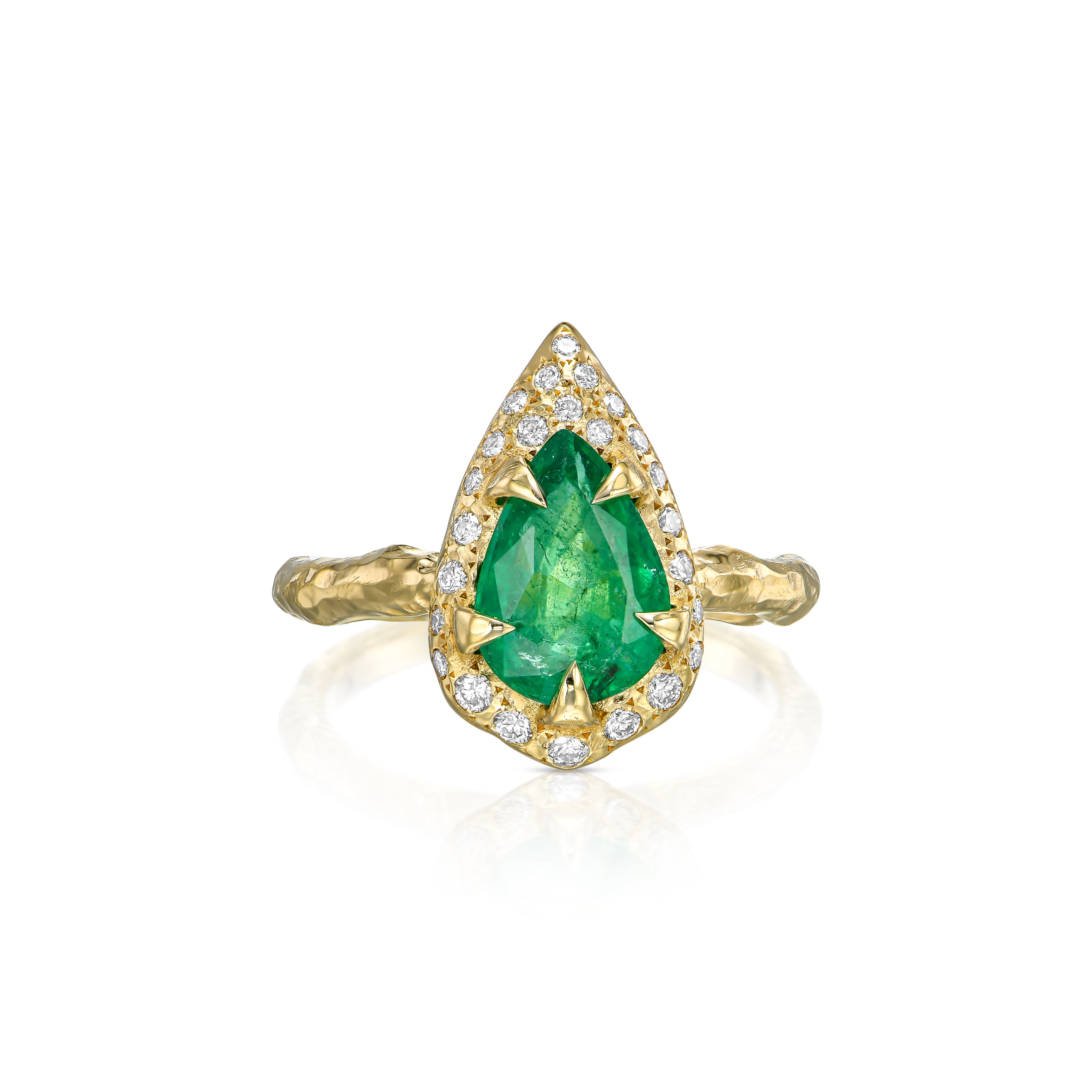 Mystic ring with 2.35 ct pear-shaped natural emerald, natural diamond detailing and hand-carved textured 14K yellow gold band.