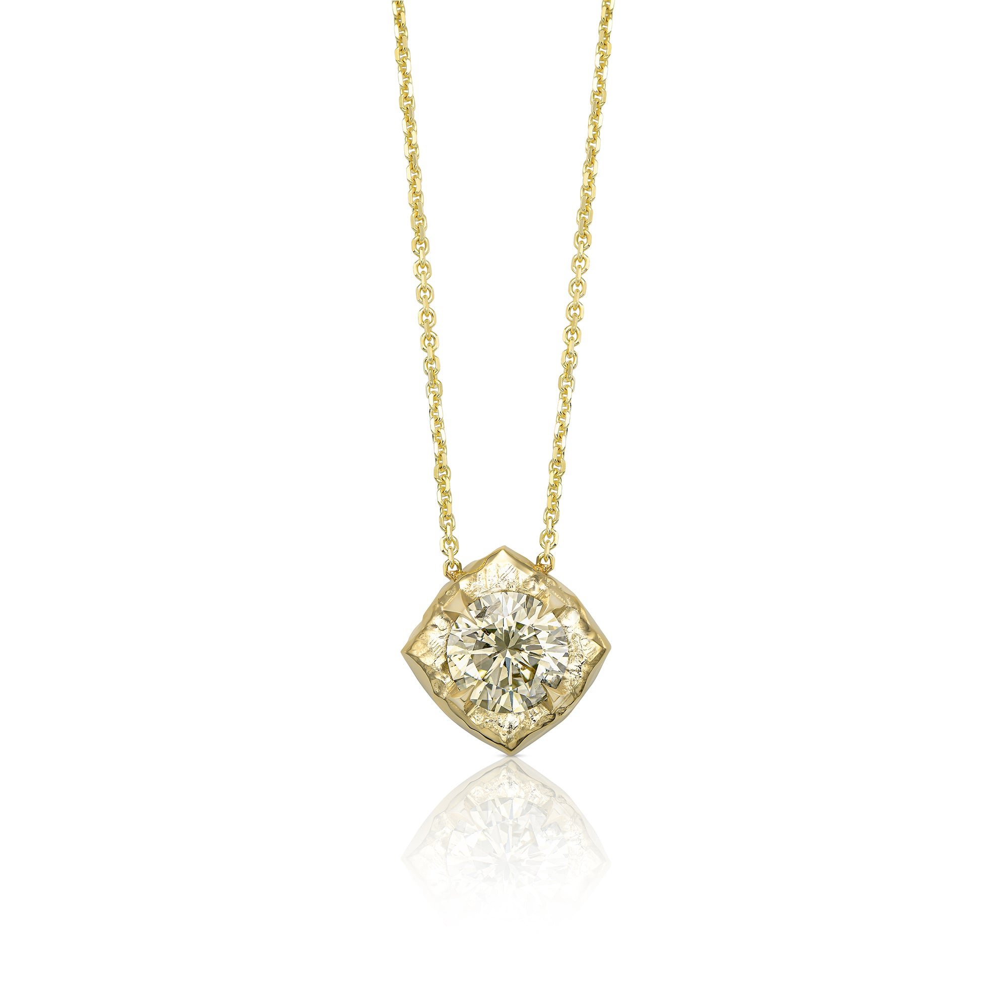 One-of-a-Kind Fancy Light Yellow Chameleon Diamond Necklace with Cushion Frame in 14K Gold