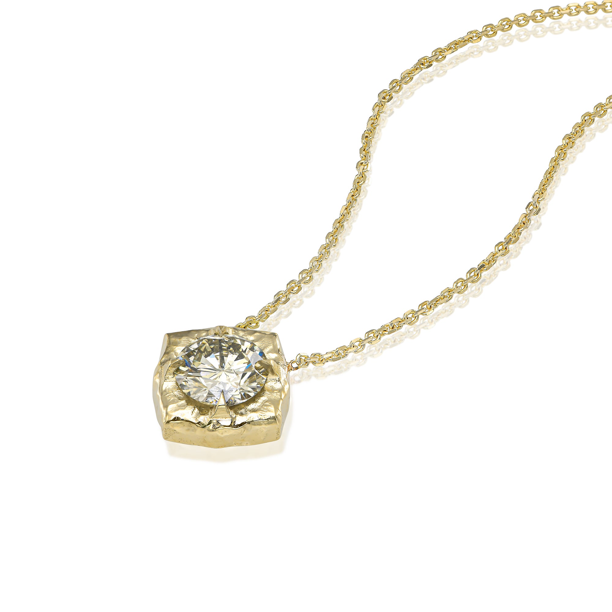 One-of-a-Kind Fancy Light Yellow Chameleon Diamond Necklace with Cushion Frame in 14K Gold