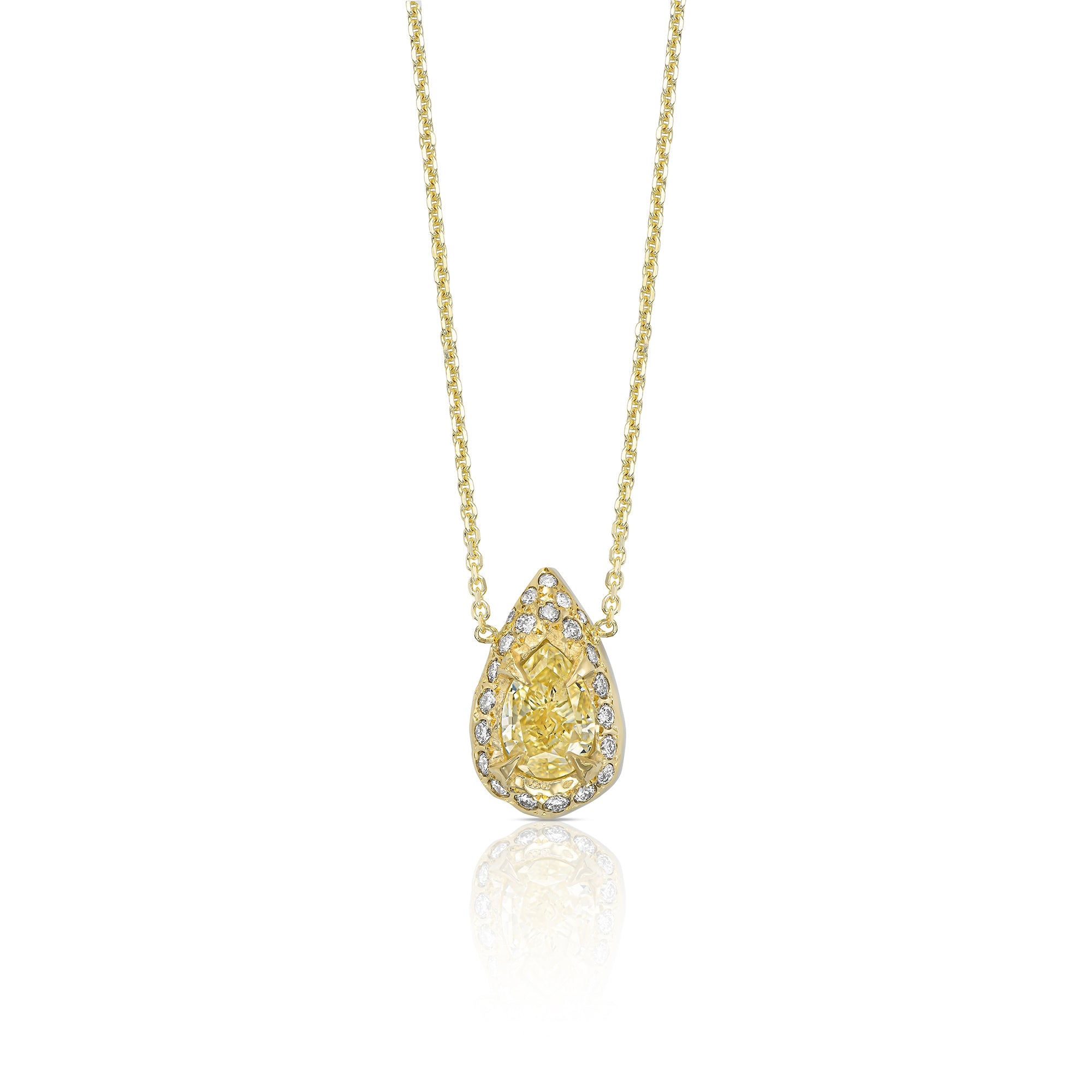 One-of-a-Kind Fancy Yellow Diamond Halo Necklace 1.01 ct in 14K Gold