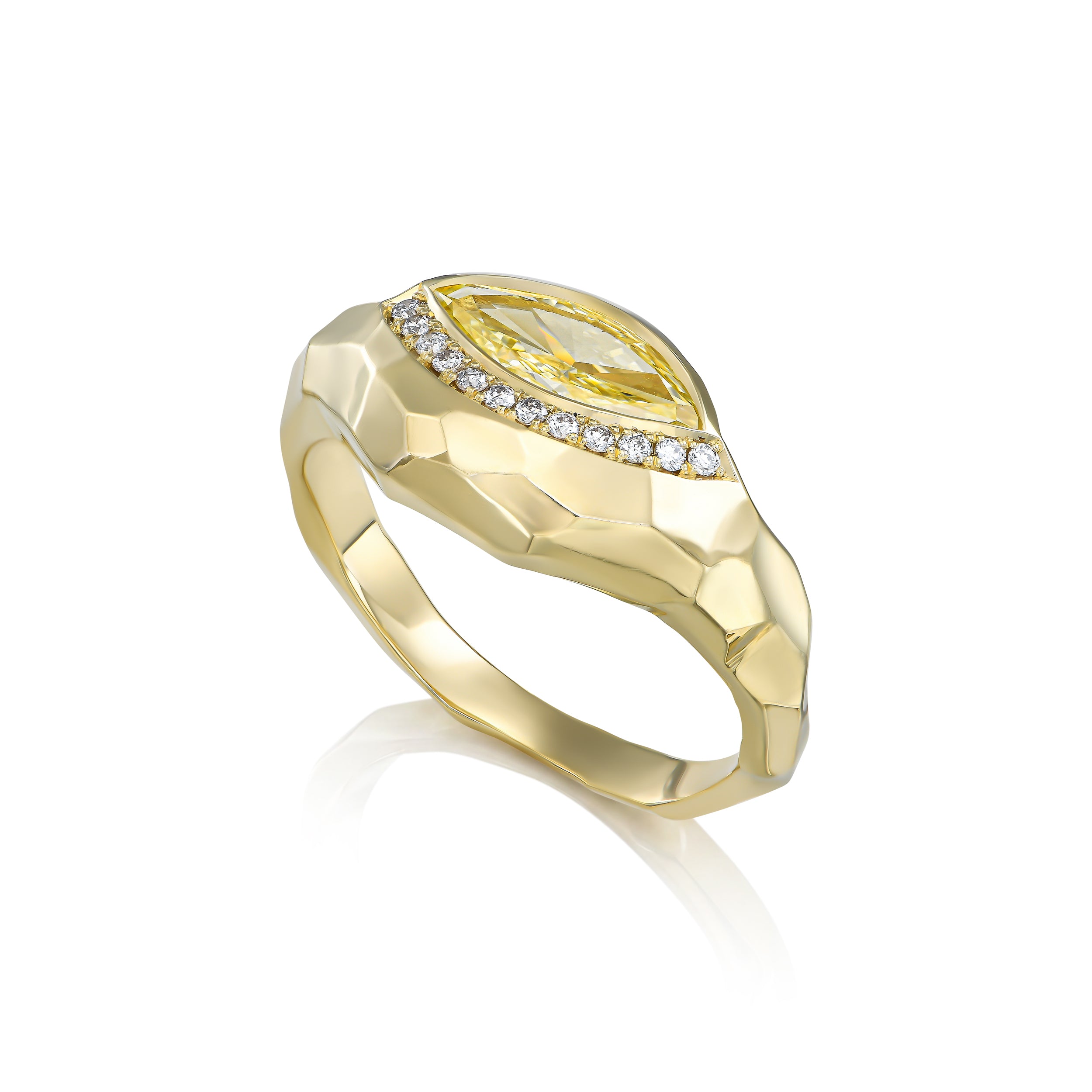 Fancy yellow marquise diamond curve ring with white diamond pavé set in high-polish 14K gold