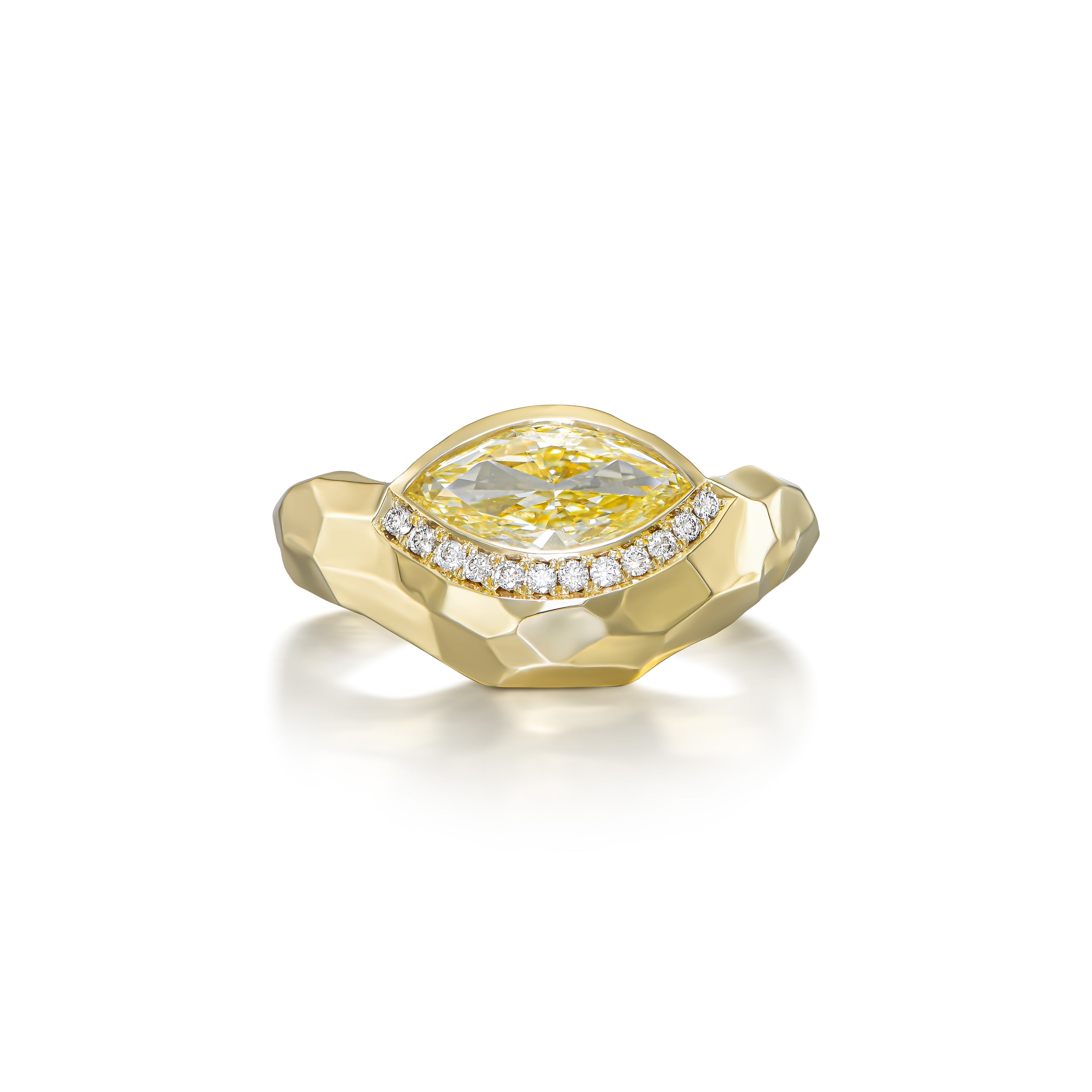 One-of-a-kind fancy yellow marquise diamond curve ring in 14K gold with white diamond pavé and hand-carved gold facets