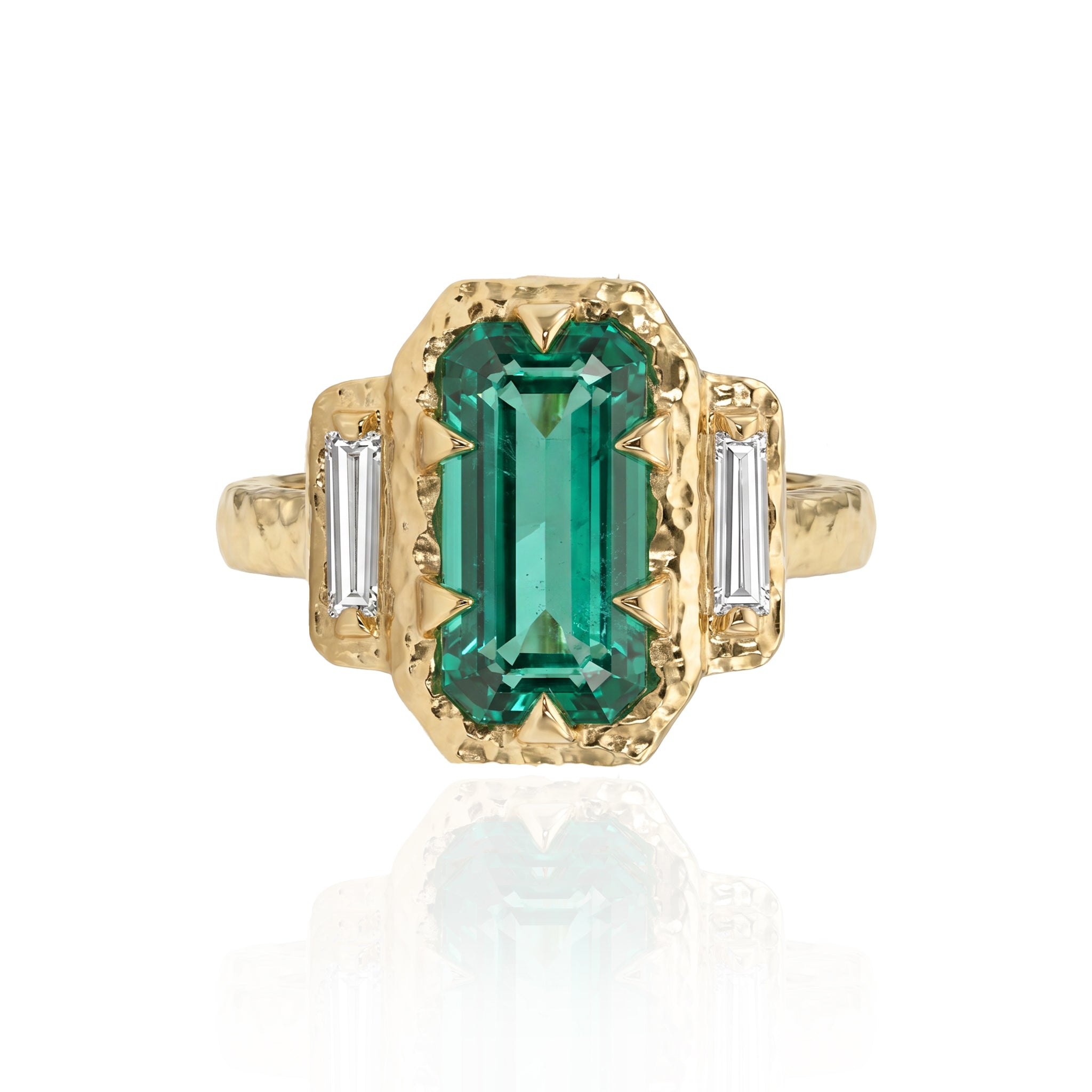 Danielle Gerber One-of-a-kind lagoon tourmaline ring with emerald-cut center, baguette diamonds and hand-carved 14K yellow gold.