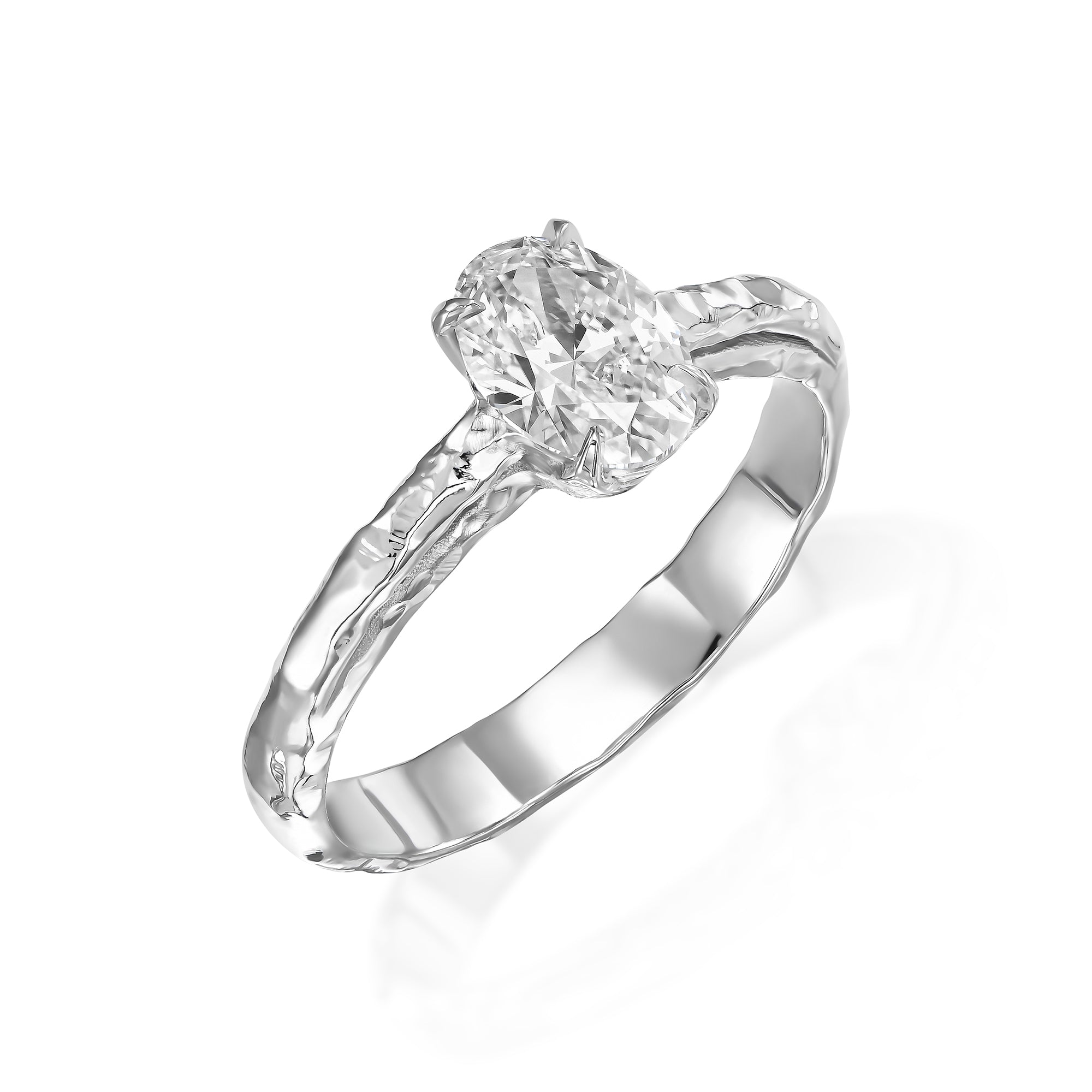 Front view of 1 ct natural oval-cut diamond engagement ring with textured 14K white gold band.