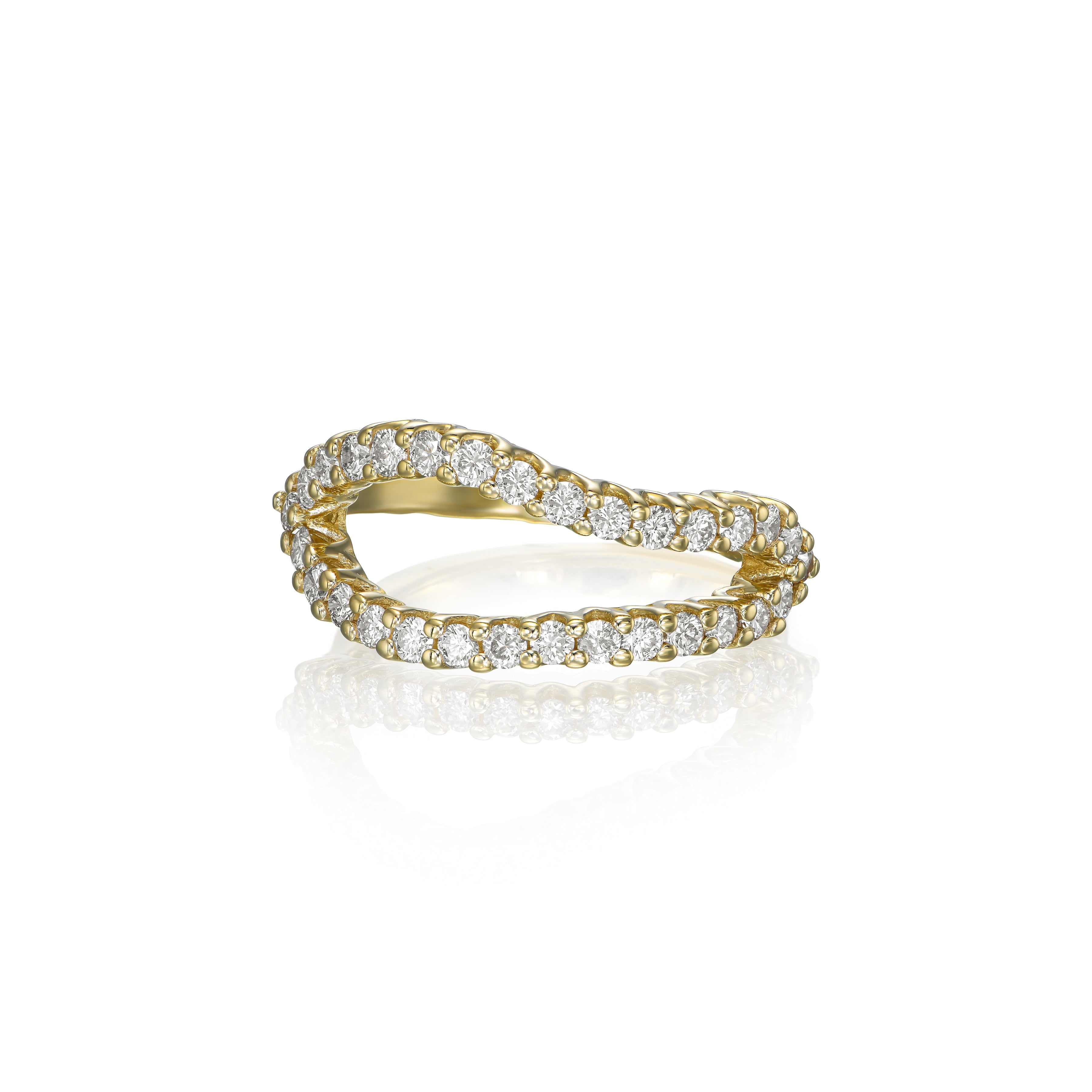 Thin Adama infinity ring with round natural diamonds set in hand-carved textured 14K yellow gold.
