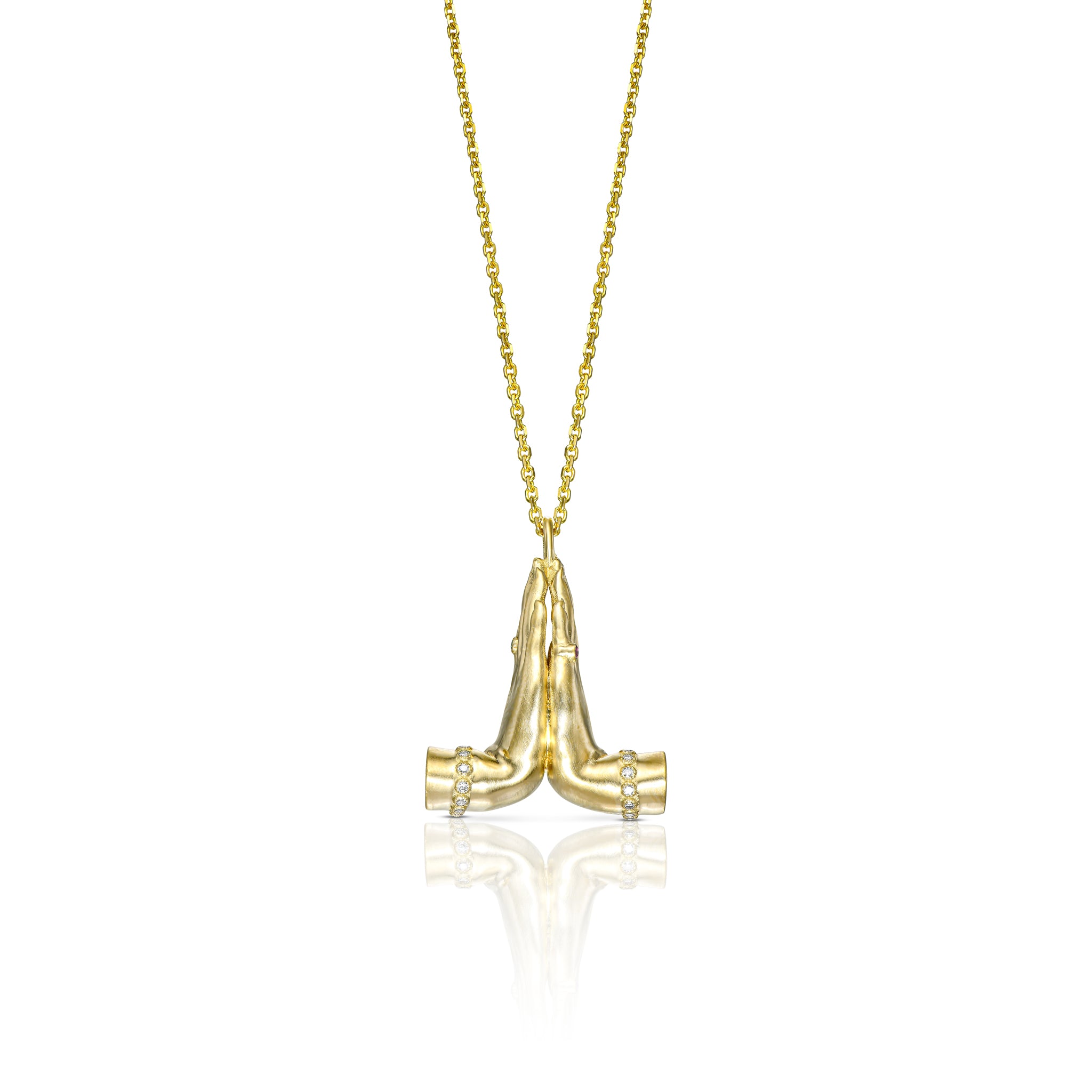 14K gold Namaste necklace featuring sculpted praying hands with natural diamonds, emerald and ruby.