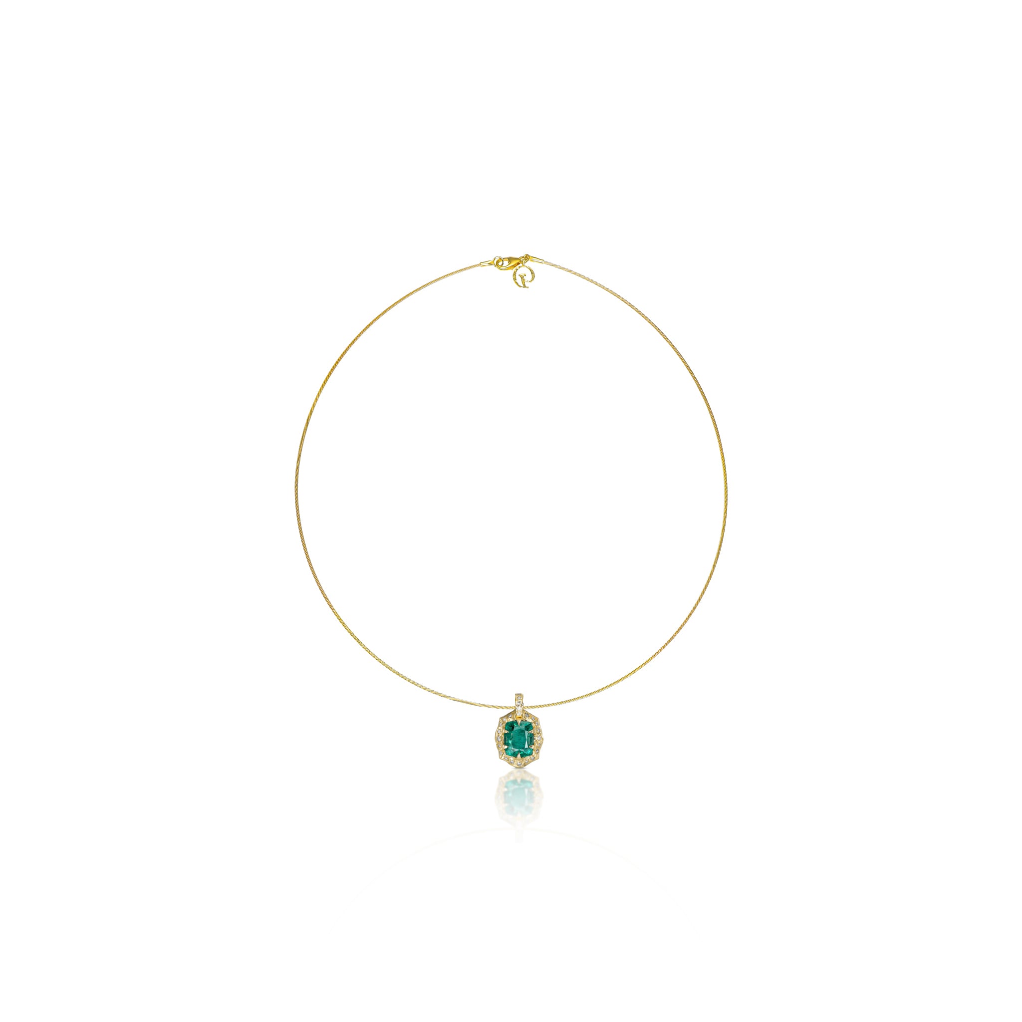 One-of-a-kind 14K gold choker with cushion-cut natural emerald and sculptural diamond pendant.