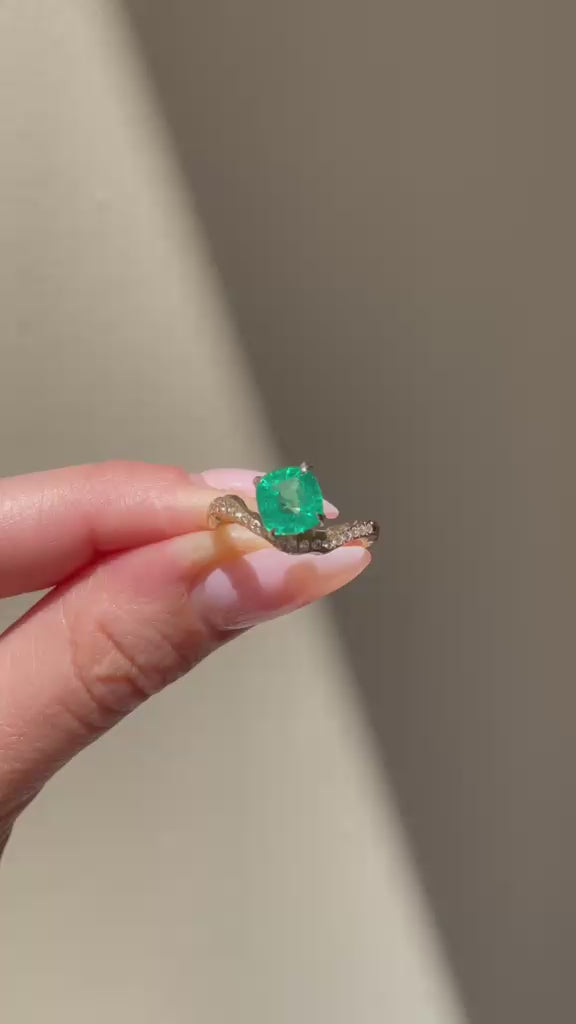 video of Cushion-Cut Emerald Wave Ring with Diamond Pavé