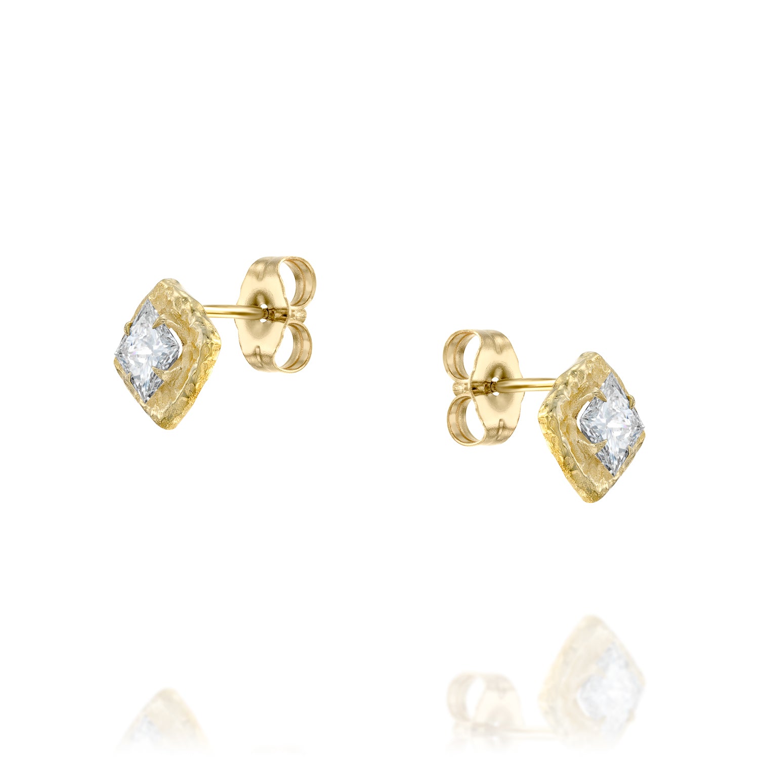 Princess diamond studs in 14K gold with hand-carved organic texture