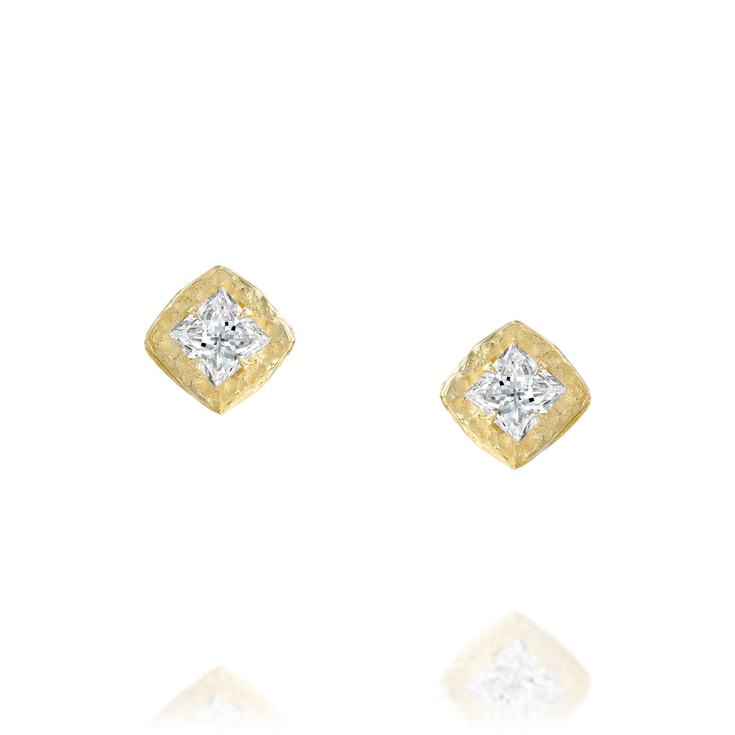 Princess diamond studs in 14K gold with hand-carved organic texture