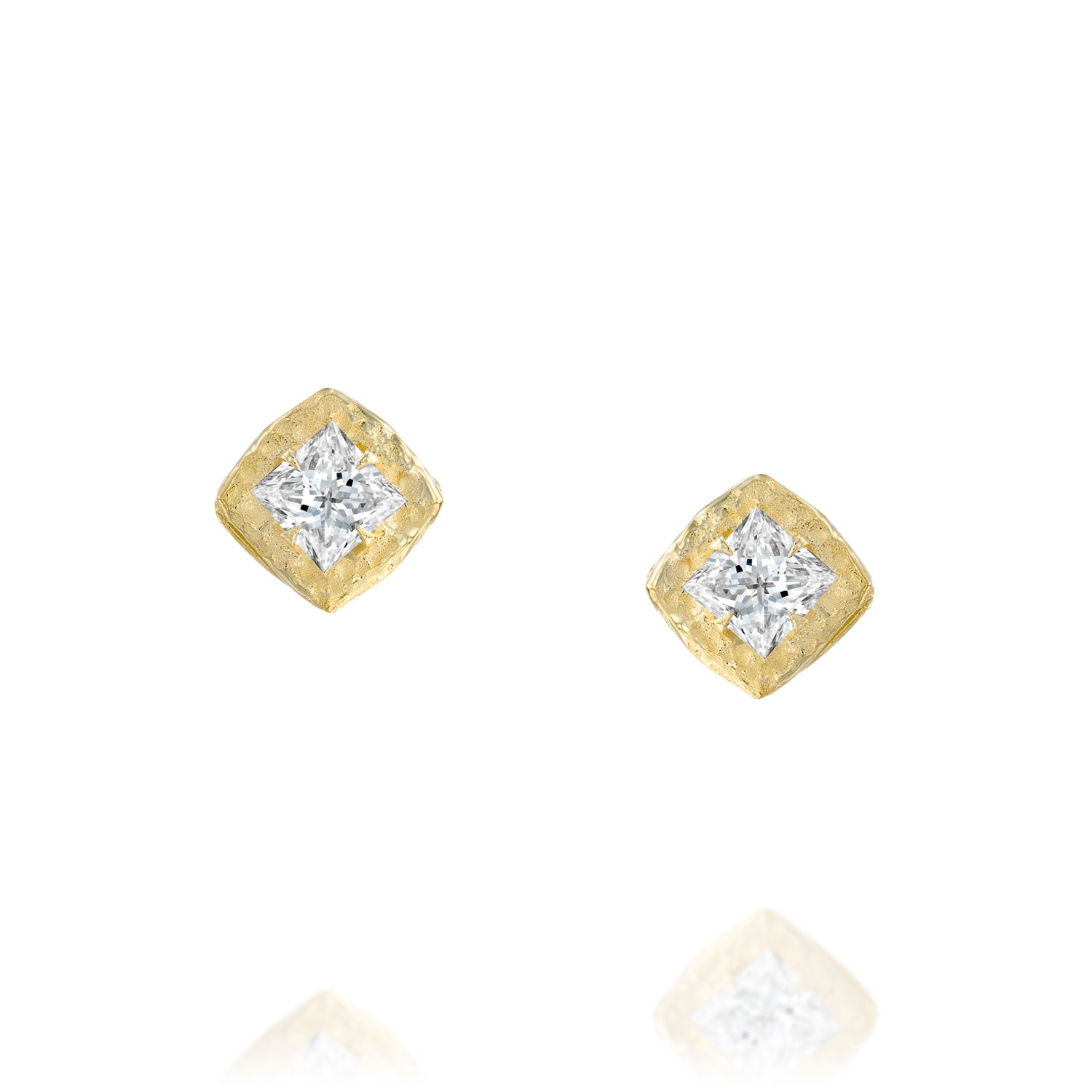 Princess-cut diamond studs in 14K gold with organic textured setting
