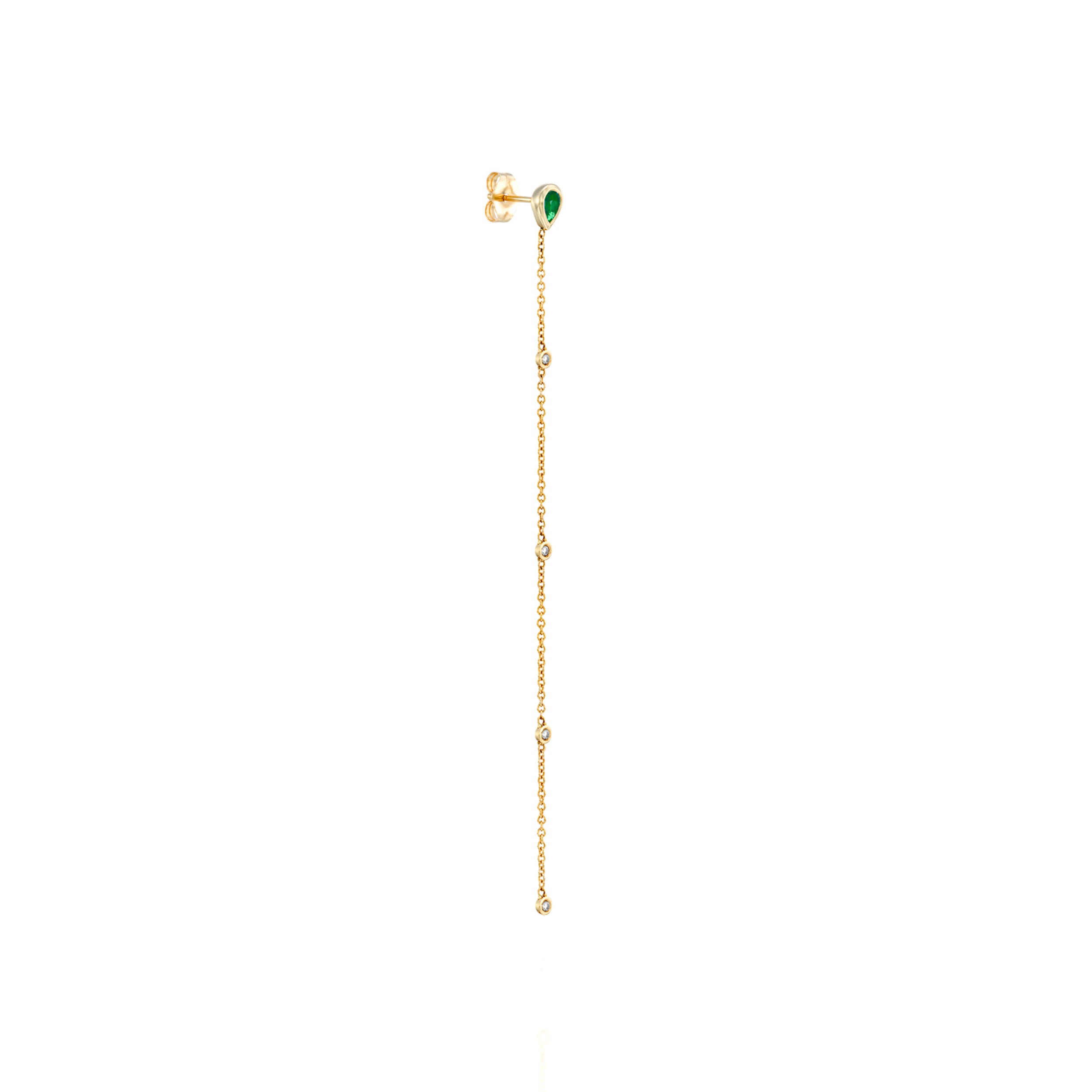 Tyra emerald and diamond chain earring in 14K gold with delicate gold chain