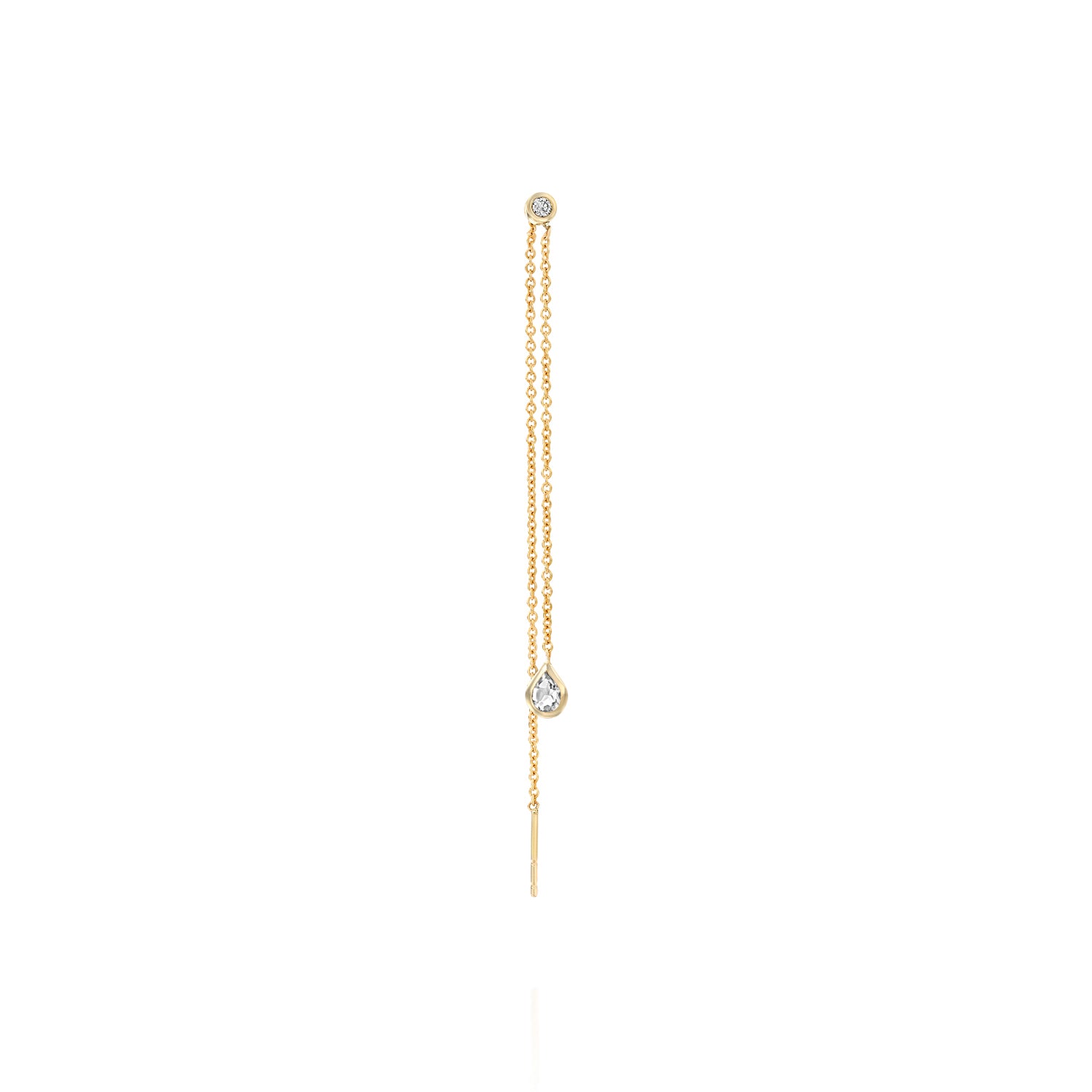 Venus 14K gold diamond chain earring with a bezel-set VS diamond stud, delicate chain drop, and high polish finish.