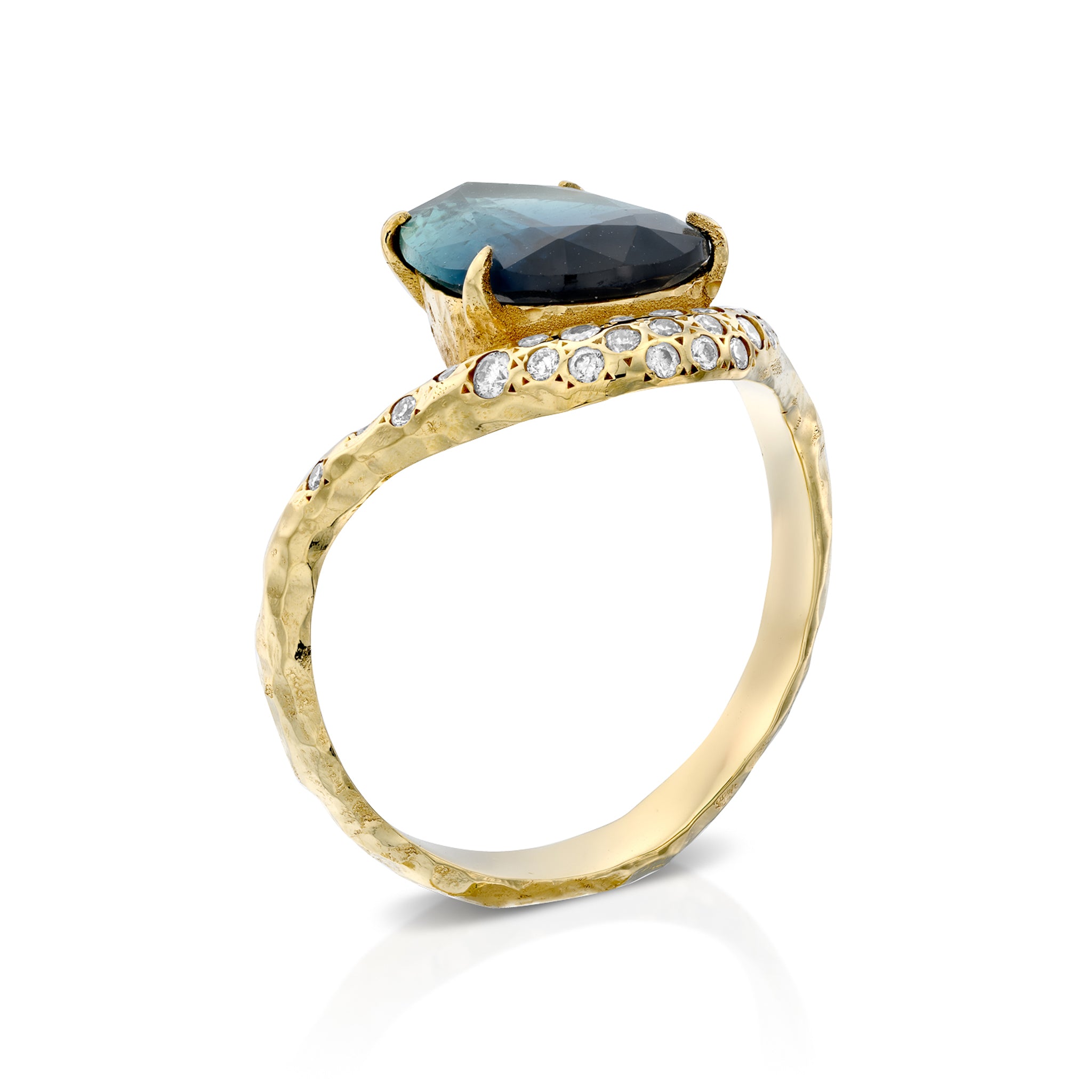 Angled view of multicolor tourmaline and diamond halo ring with sculptural textured 14K gold band.